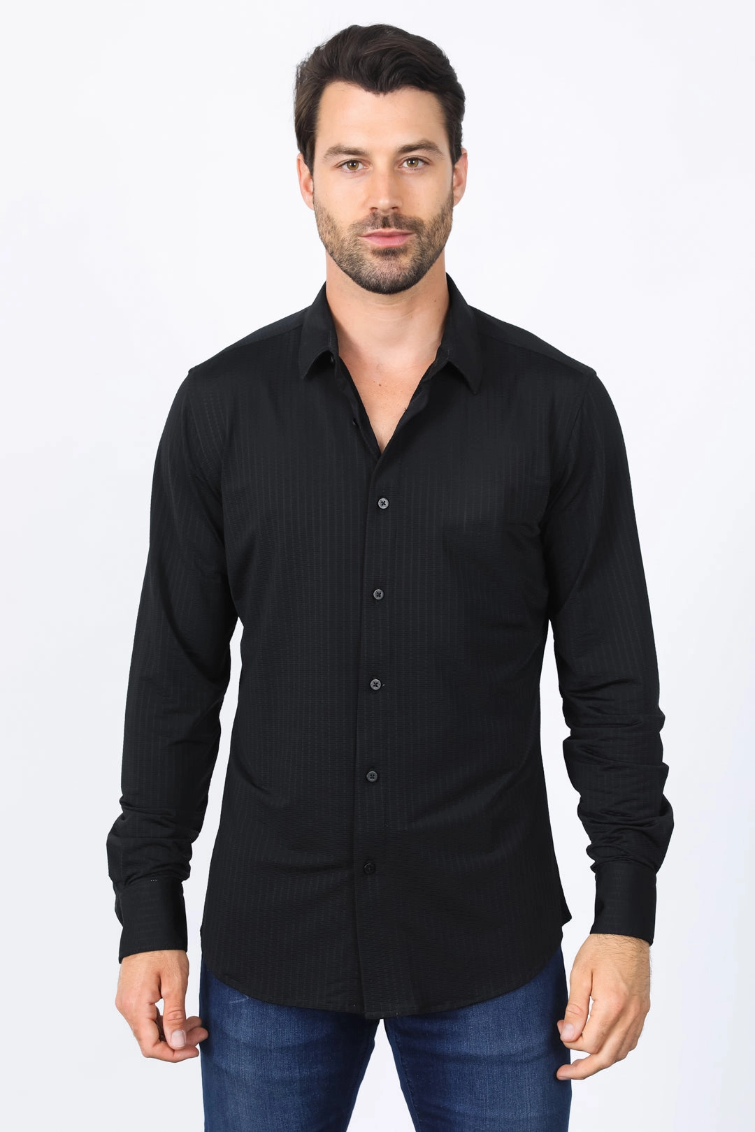 Men??s Modern Fit Stretch Dress Shirt - Black Seasonal Essential Flexible Knit