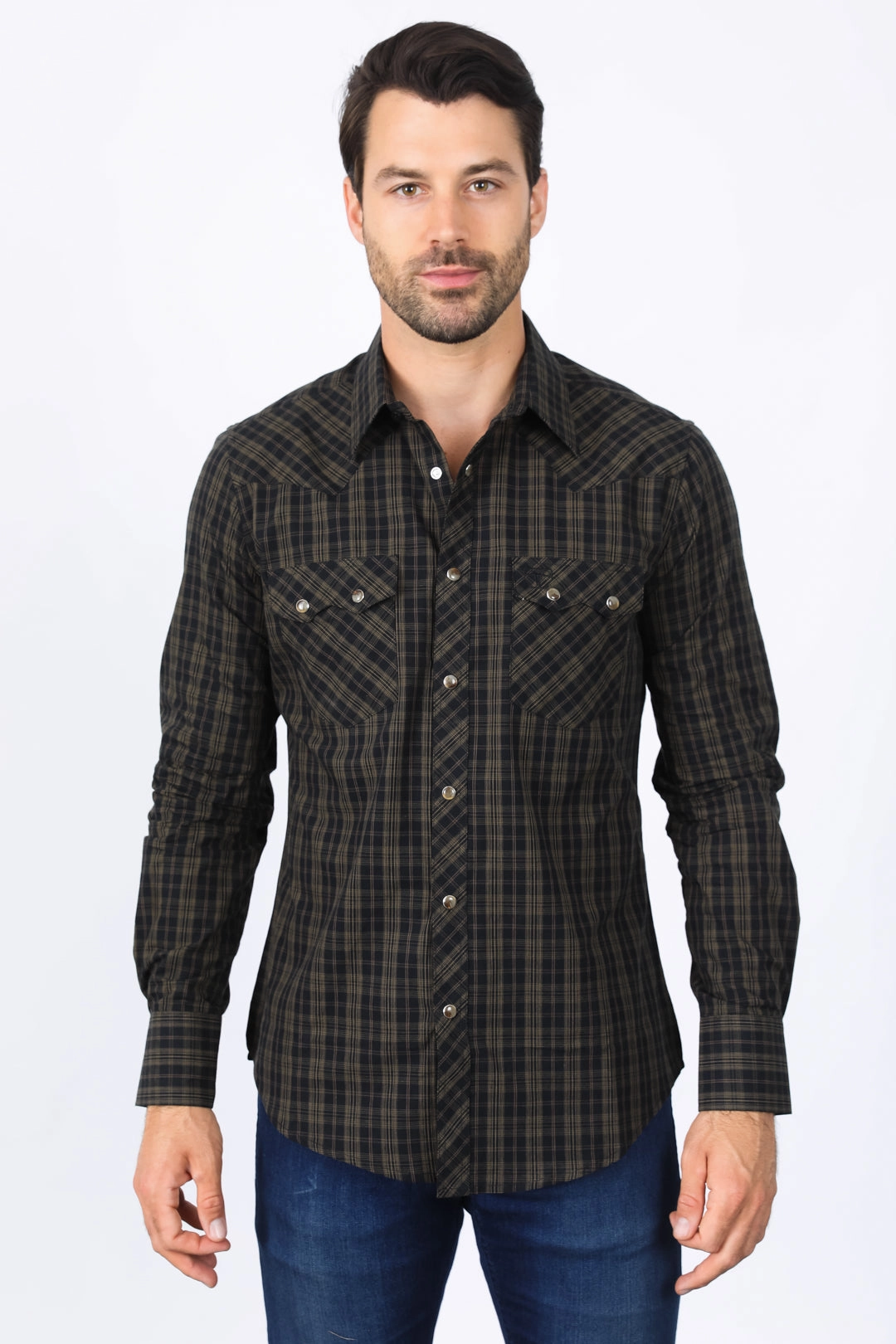 Mens Western Checkered Black Long Sleeve Shirts Perfect Fit
