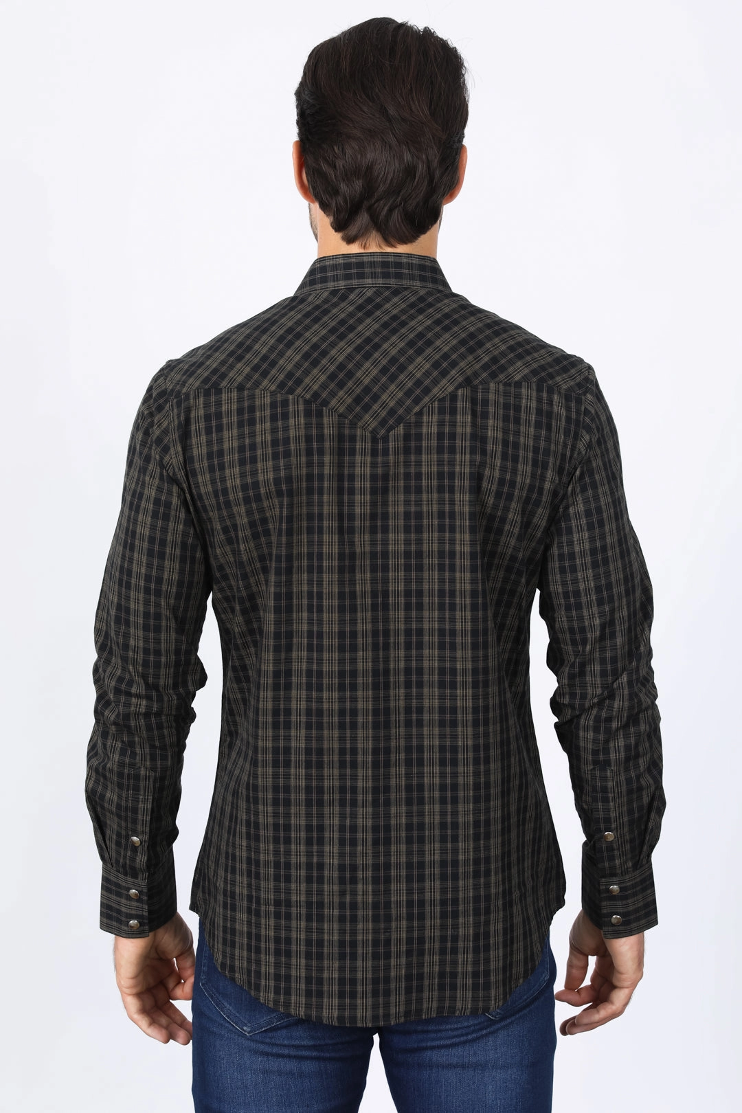 Mens Western Checkered Black Long Sleeve Shirts UV Protective Coating