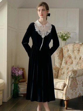 Light Pants SustainableBlend Cora Contrast Lace Flounce Sleeve Velvet Dress-Black