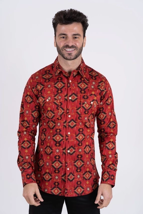 Cotton Aztec Print Dress Shirt - Burgundy family gathering Contemporary Style