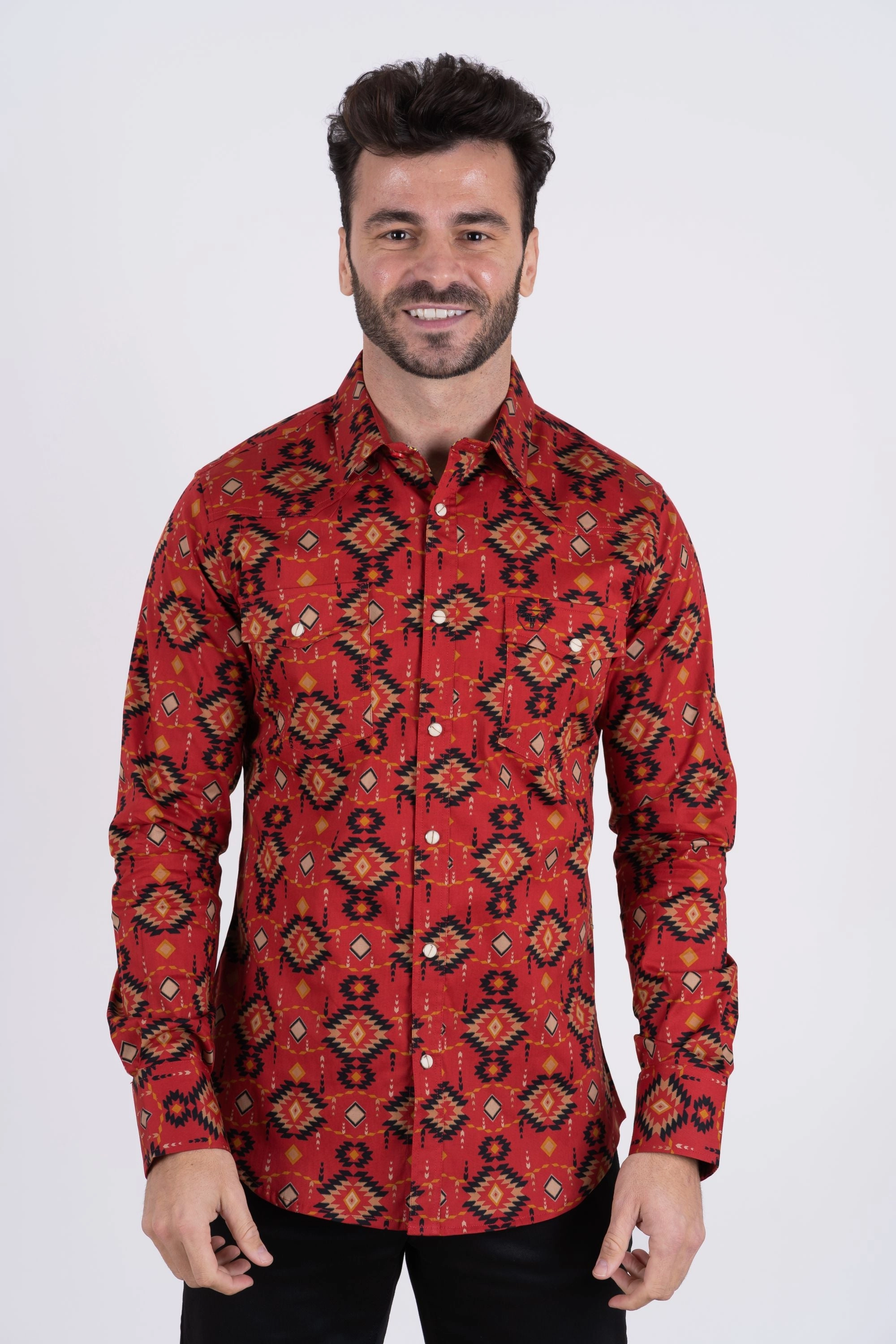 Cotton Aztec Print Dress Shirt - Burgundy family gathering Contemporary Style