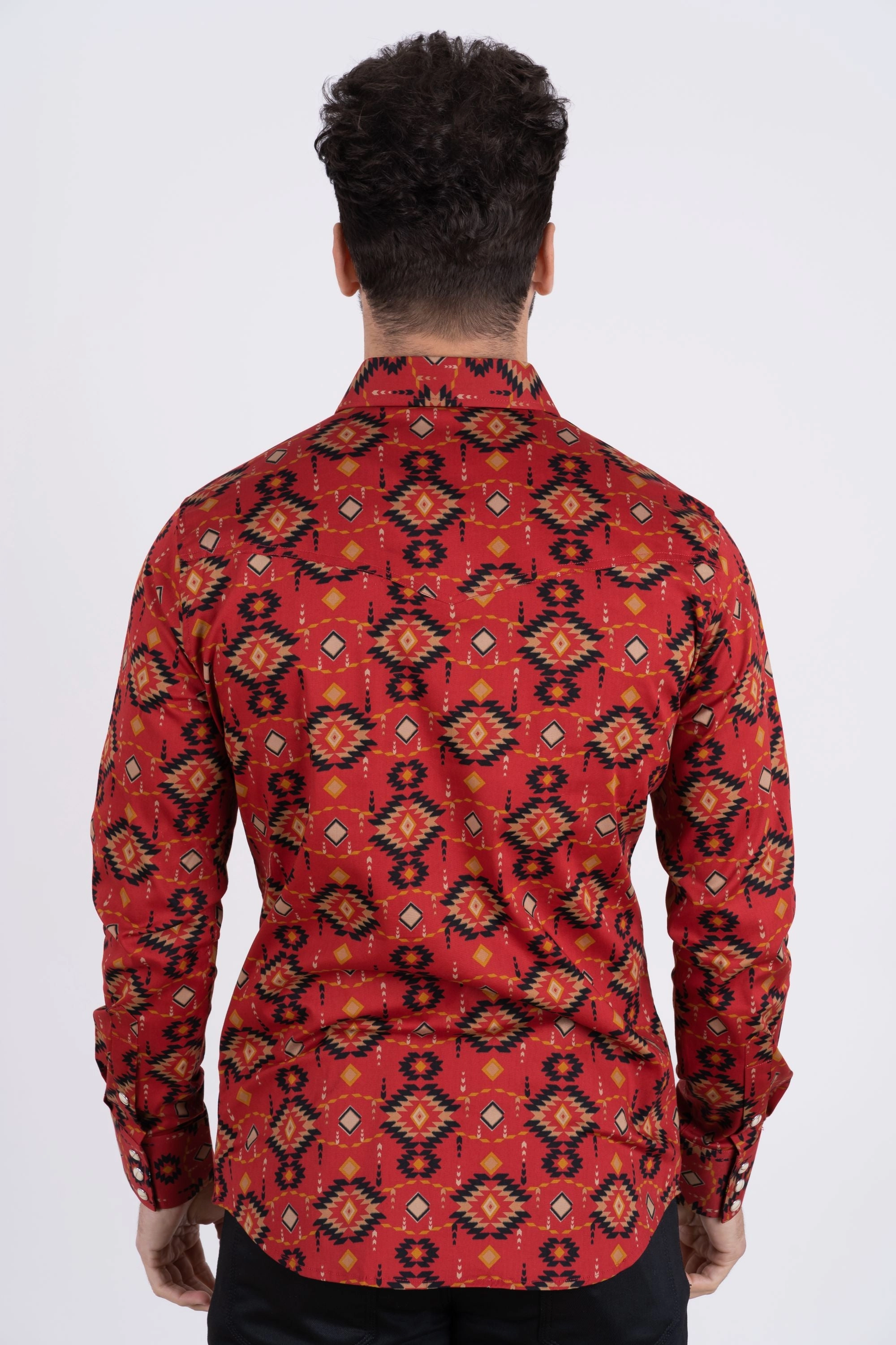 Neutral Toned Stitching Cotton Aztec Print Dress Shirt - Burgundy