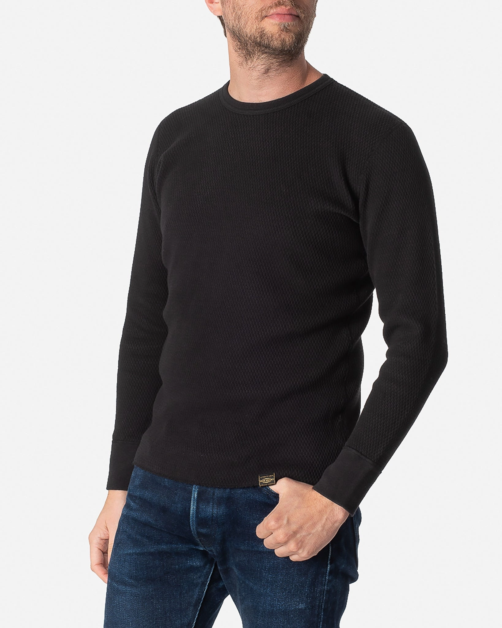 Daily Fit DoubleLayeredEdging Cotton Knit Crew Neck Long Sleeved Thermal Sweater - Black