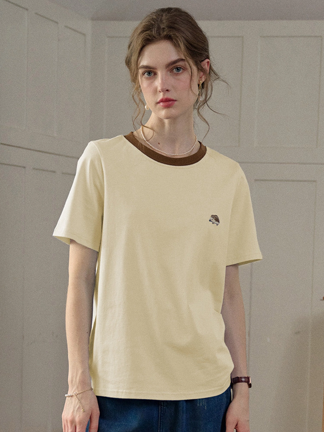 Brunch Fit Antibacterial Finish ??Final Sale??Reya Simple Round Neck Contrasting Embroidery Cotton Top - Yellow