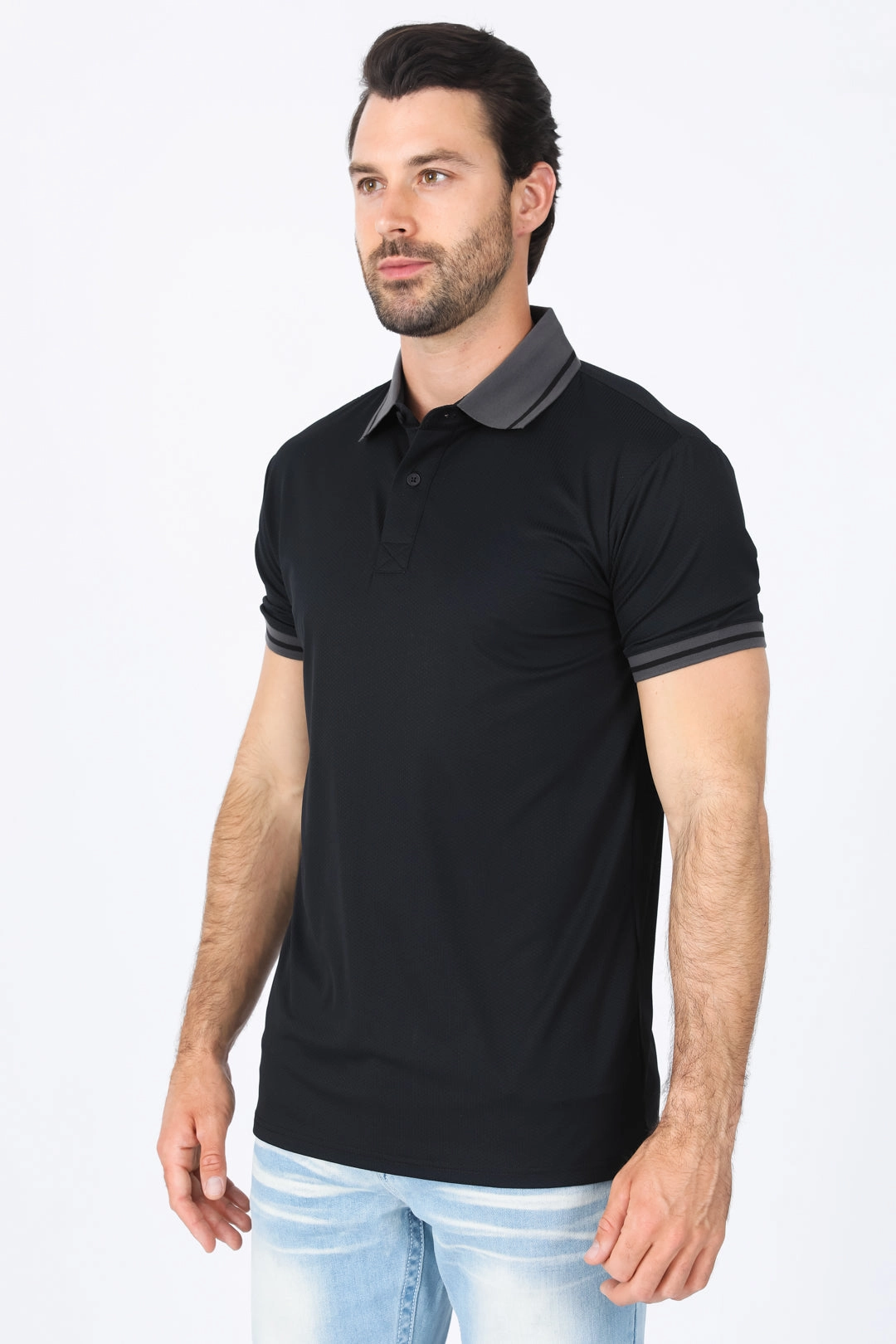 Tri Blend Composition Mens Modern Fit Stretch Cotton Black Polo