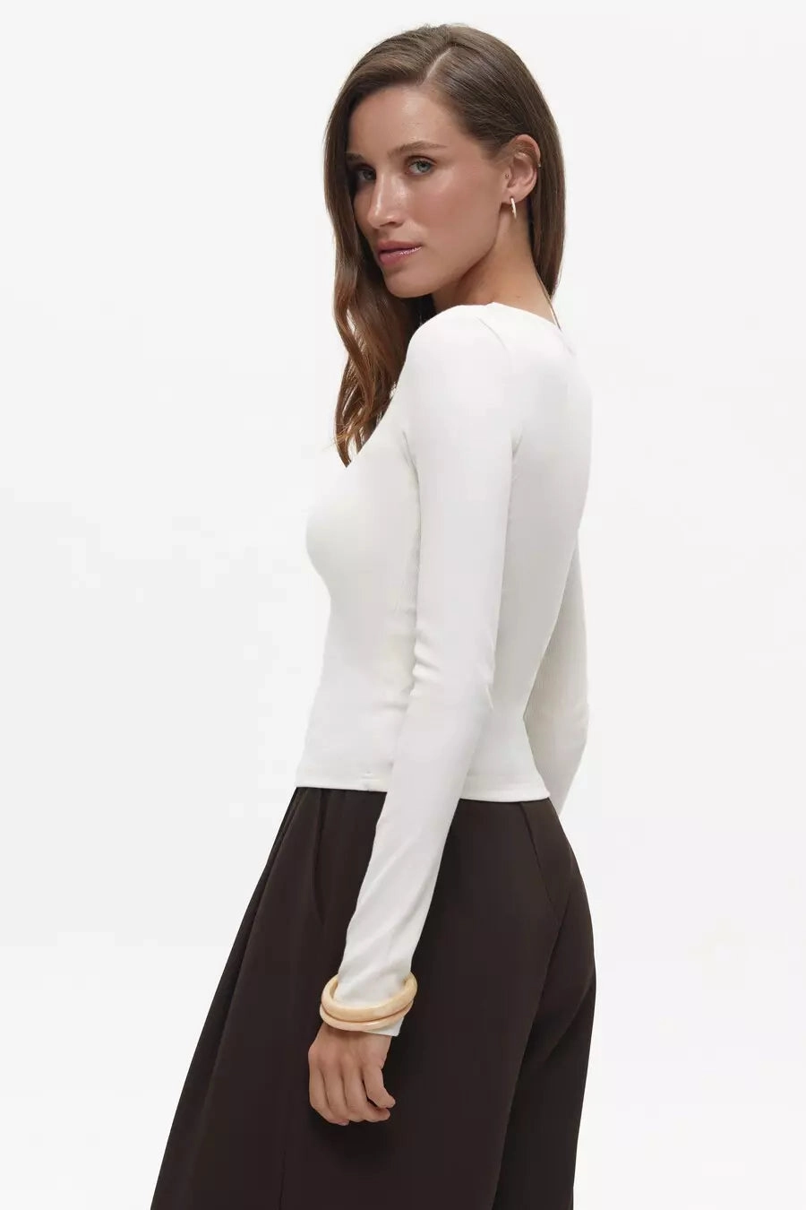 Decor Fish Cream Asymmetric Neckline Long Sleeve Top