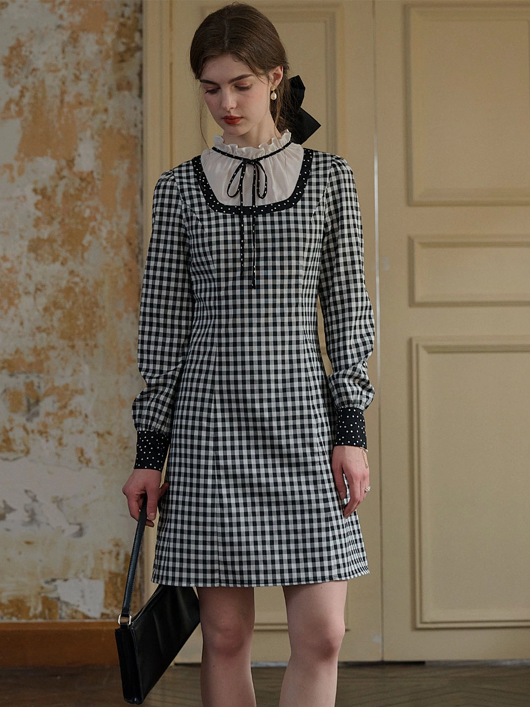 ??Final Sale??Cecilia Bow Lace Mock Neck Contrast Dress Modern Design