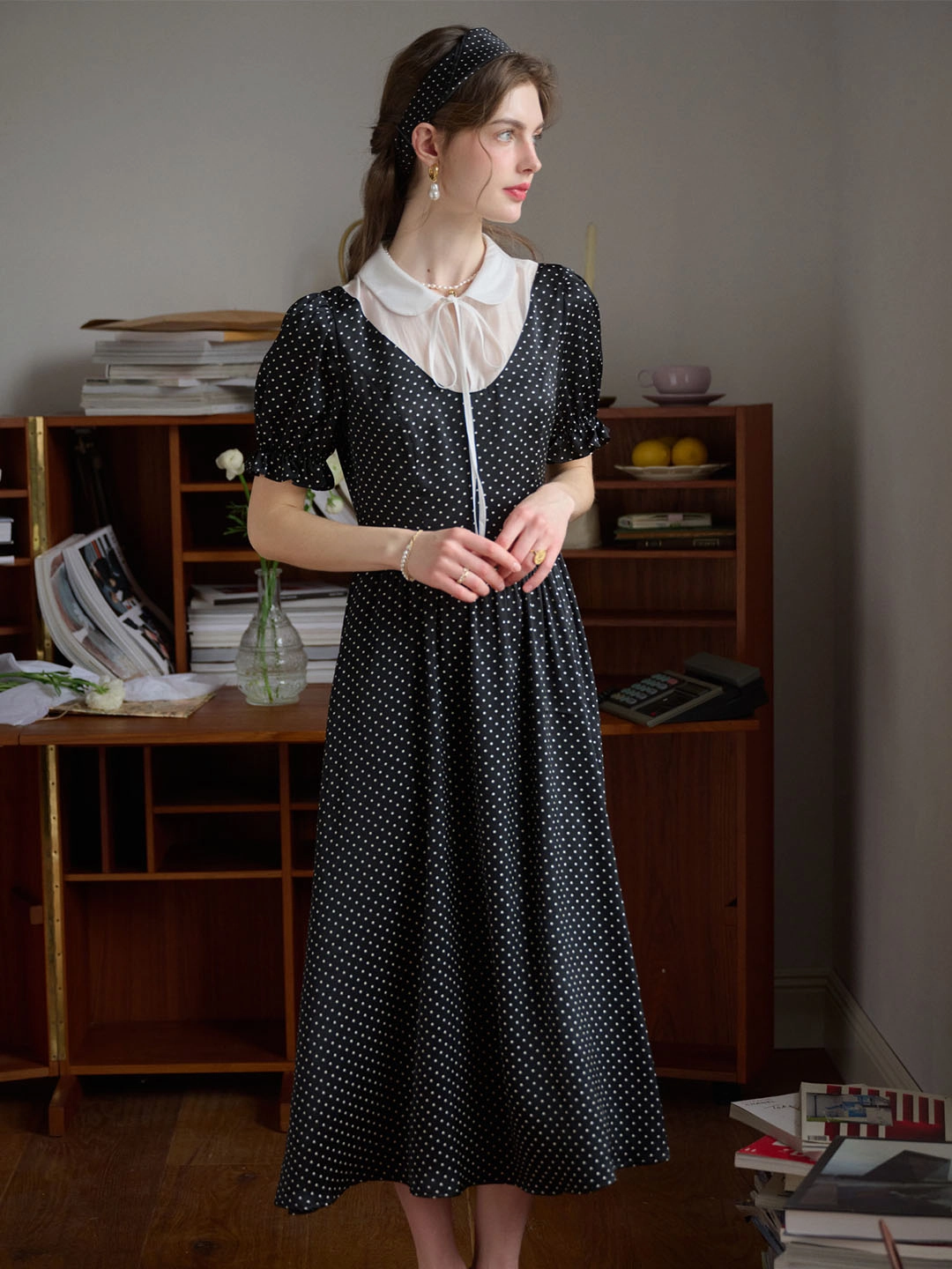 Dahlia Doll Neck Puff Sleeve Polka Dot Dress Tough Core