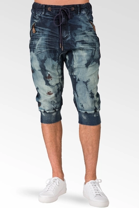 OdorControlTech Dark Blue Clouded Wash Premium Knit Denim Jogger Capri Short, Rib Bottom 3D Whiskering 18" Inseam