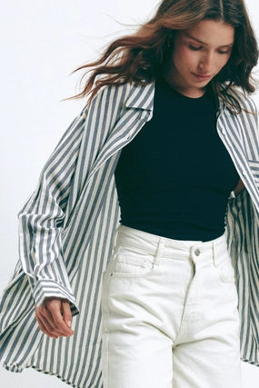 Dark Blue Oversize Striped Shirt Fast Drying