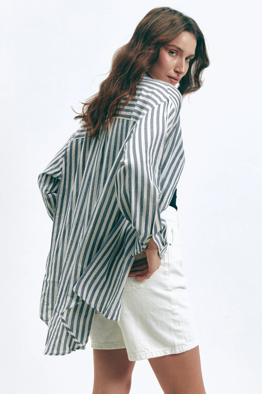 Dark Blue Oversize Striped Shirt Creative Professional Summer Vibes