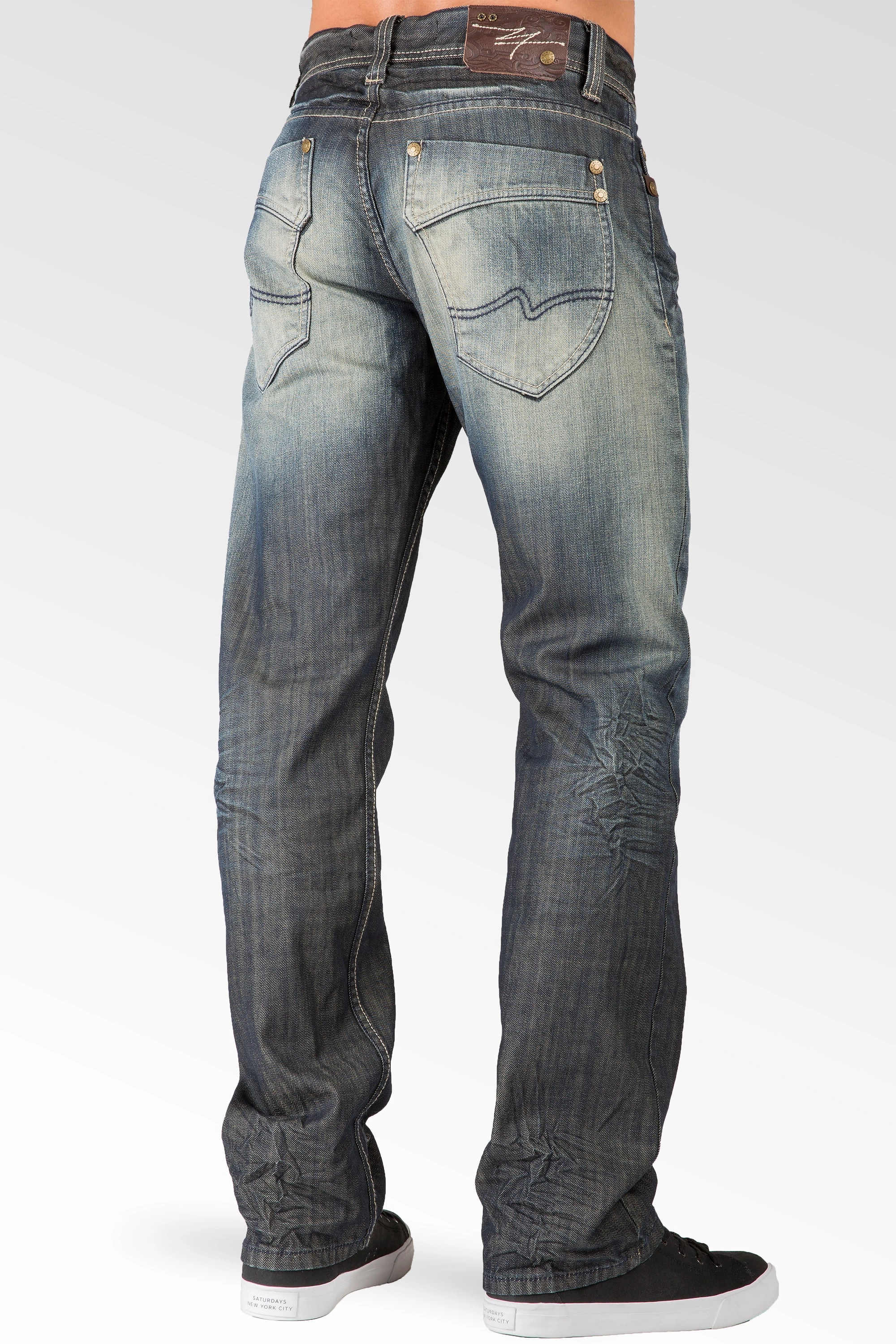 Dark Tint Relaxed Straight Leg Premium Denim signature 5 pocket Jeans Wrinkle Whiskering RollUp Sleeves