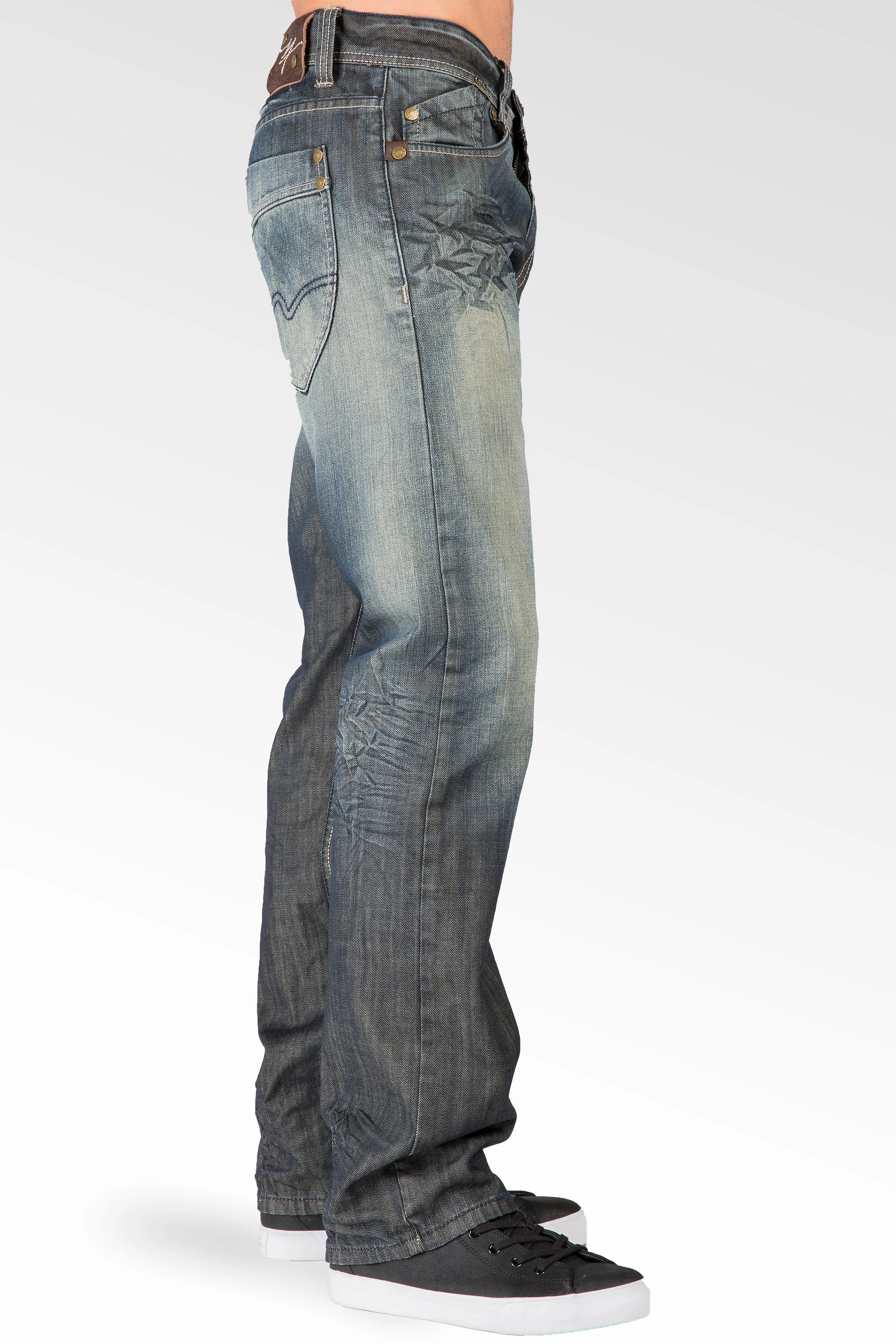 Dark Tint Relaxed Straight Leg Premium Denim signature 5 pocket Jeans Wrinkle Whiskering NonChafingEdges