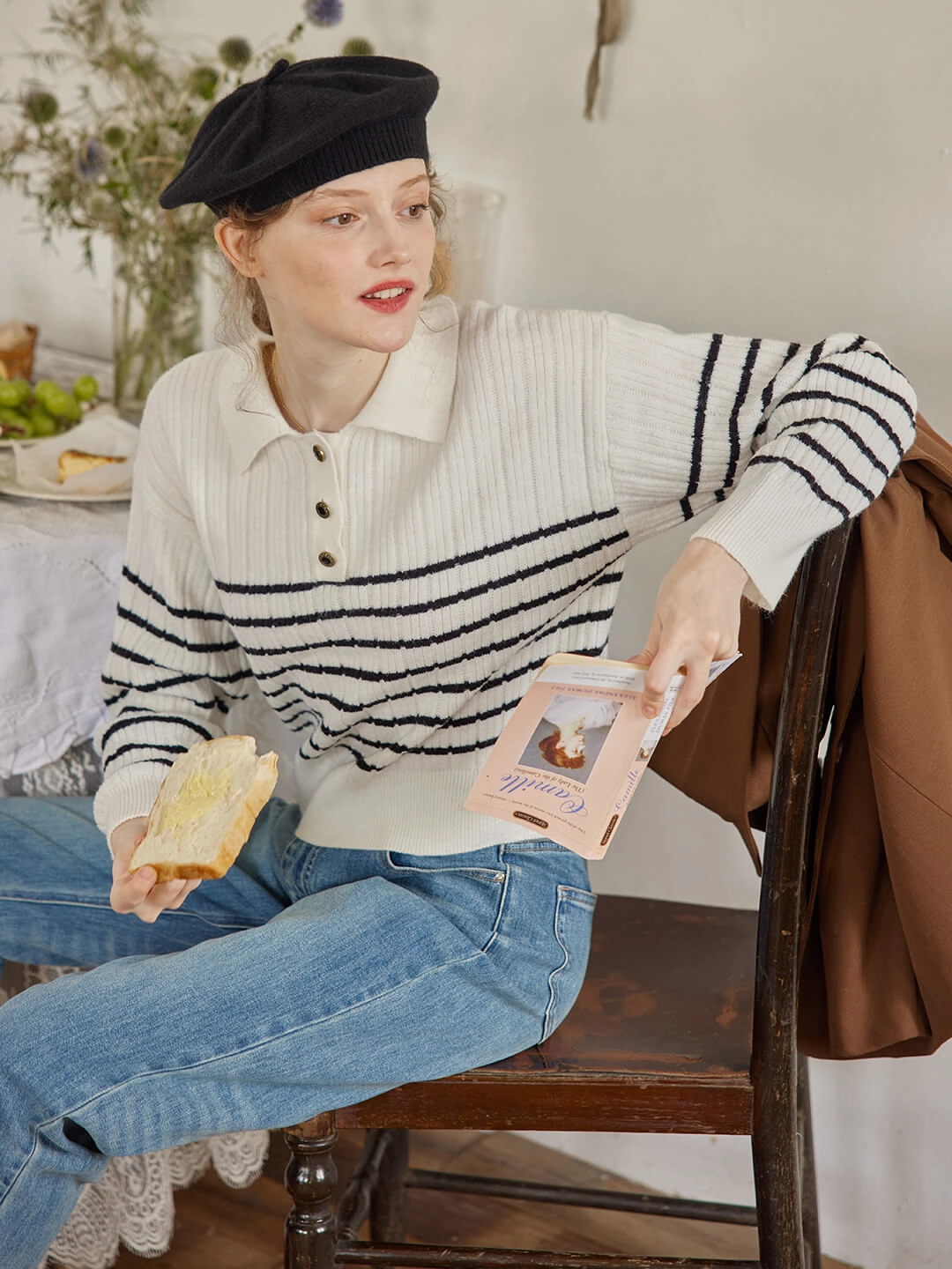 Davian Striped White Polo Knit Top Timeless Dress ZeroWaste Production