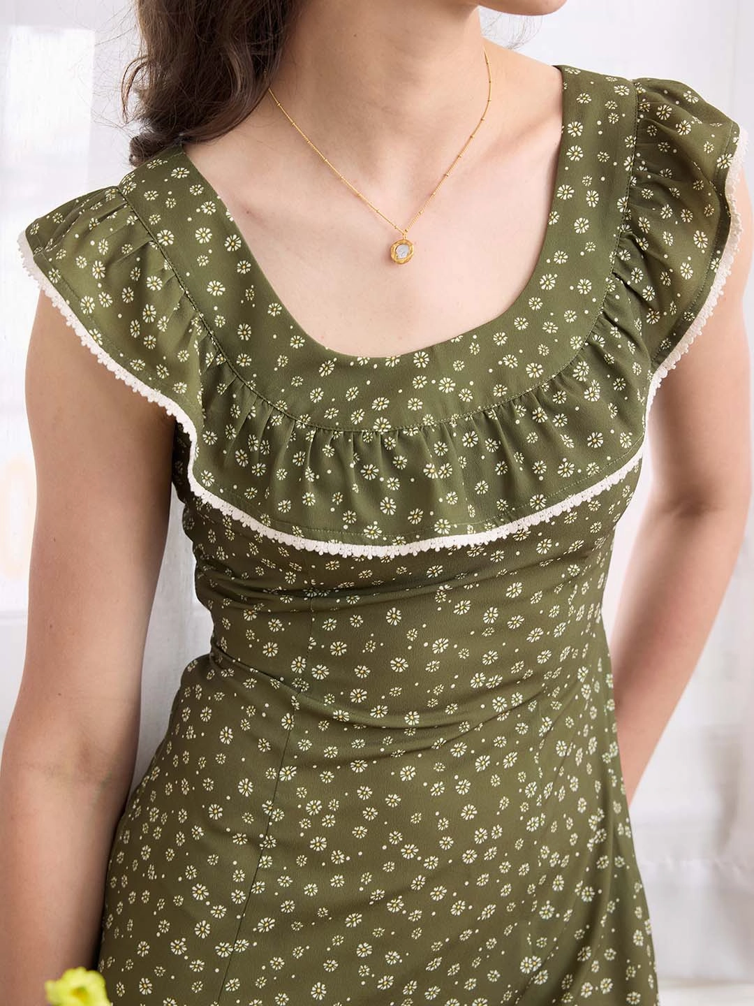 Beauty Glow Pearl Tone Denver Ditsy Floral Print Ruffle Trim Split Dress