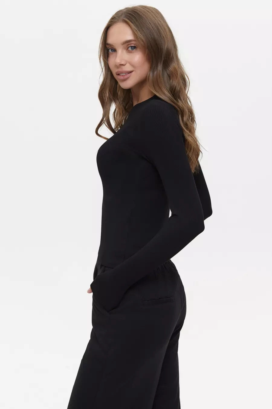 Reinforced Buttonholes Black Basic Long Sleeve Top