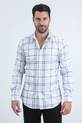 Men's Flocked Modern Fit Spandex White Shirt Long Sleeve Comfort Stretch