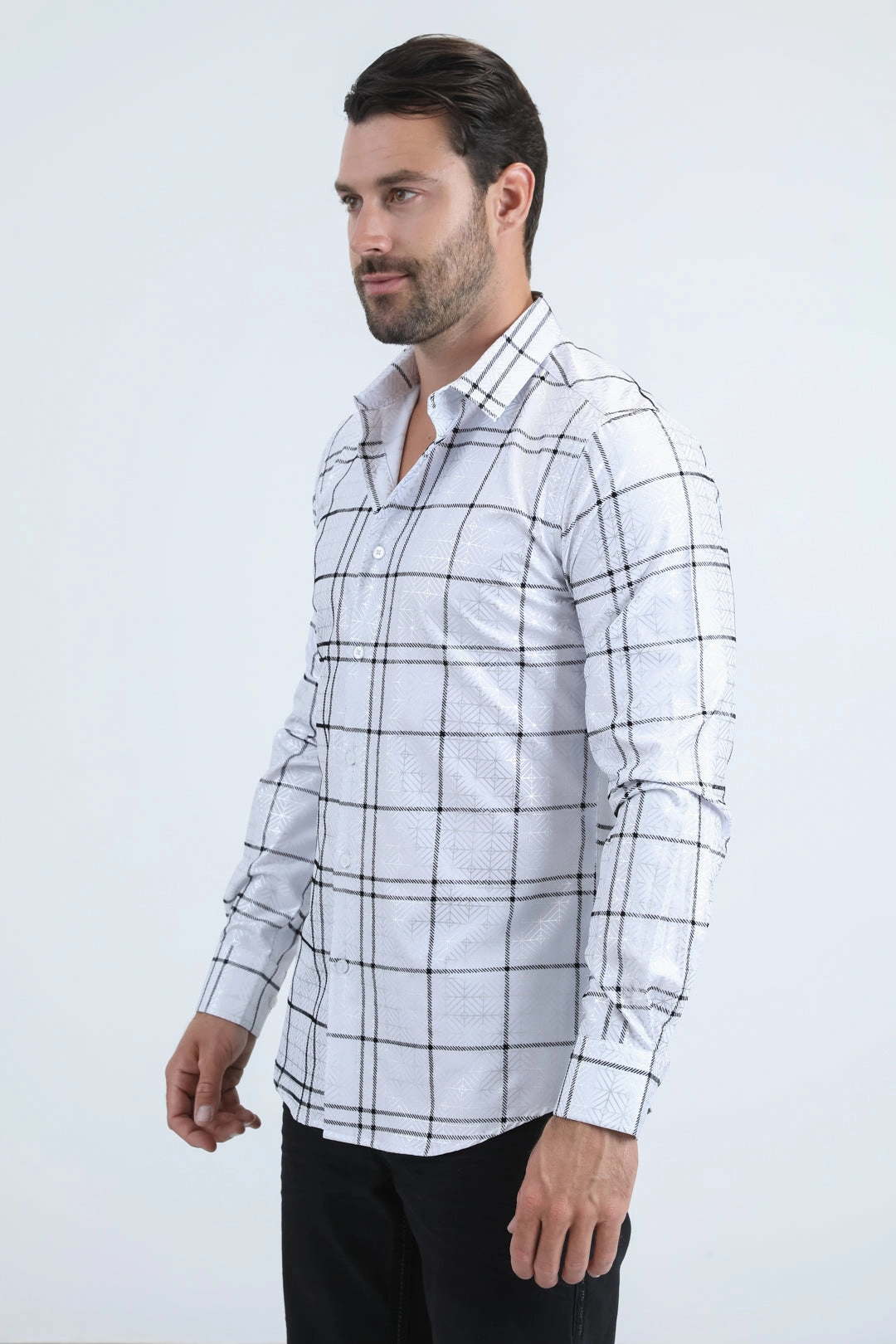 Men's Flocked Modern Fit Spandex White Shirt Waffle Weave