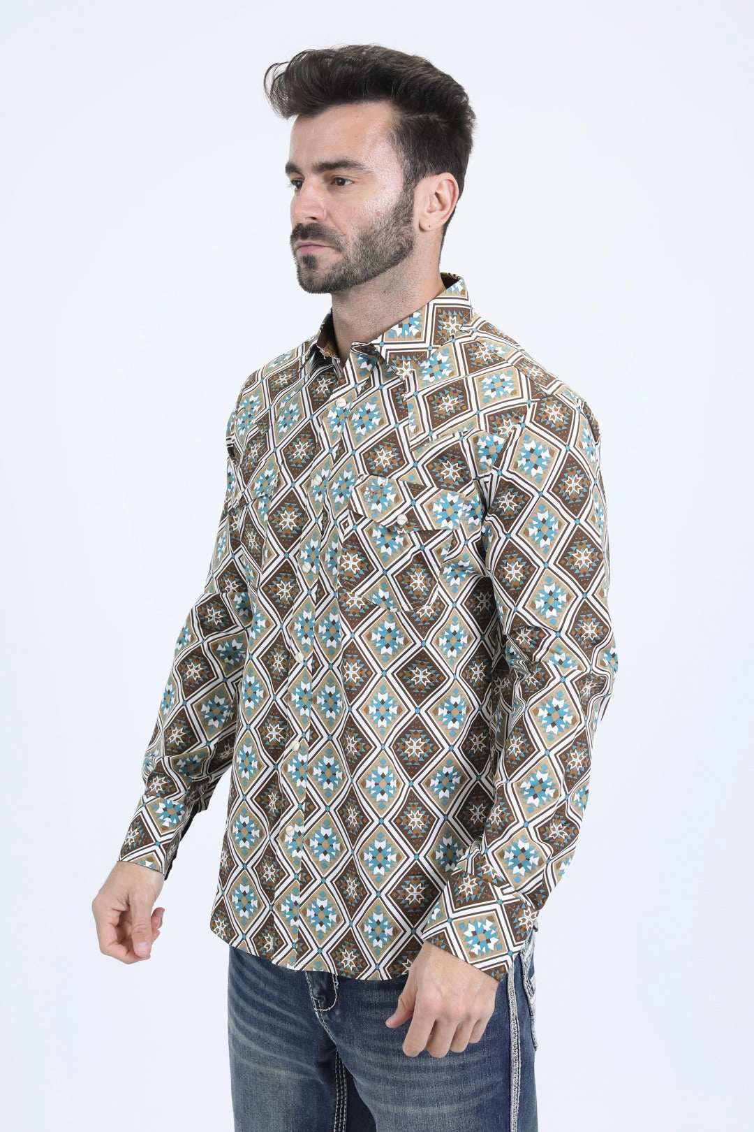 Mens Western Modern Fit Cotton/Spandex Long Sleeve White Shirt with Snaps Edgy Fashion