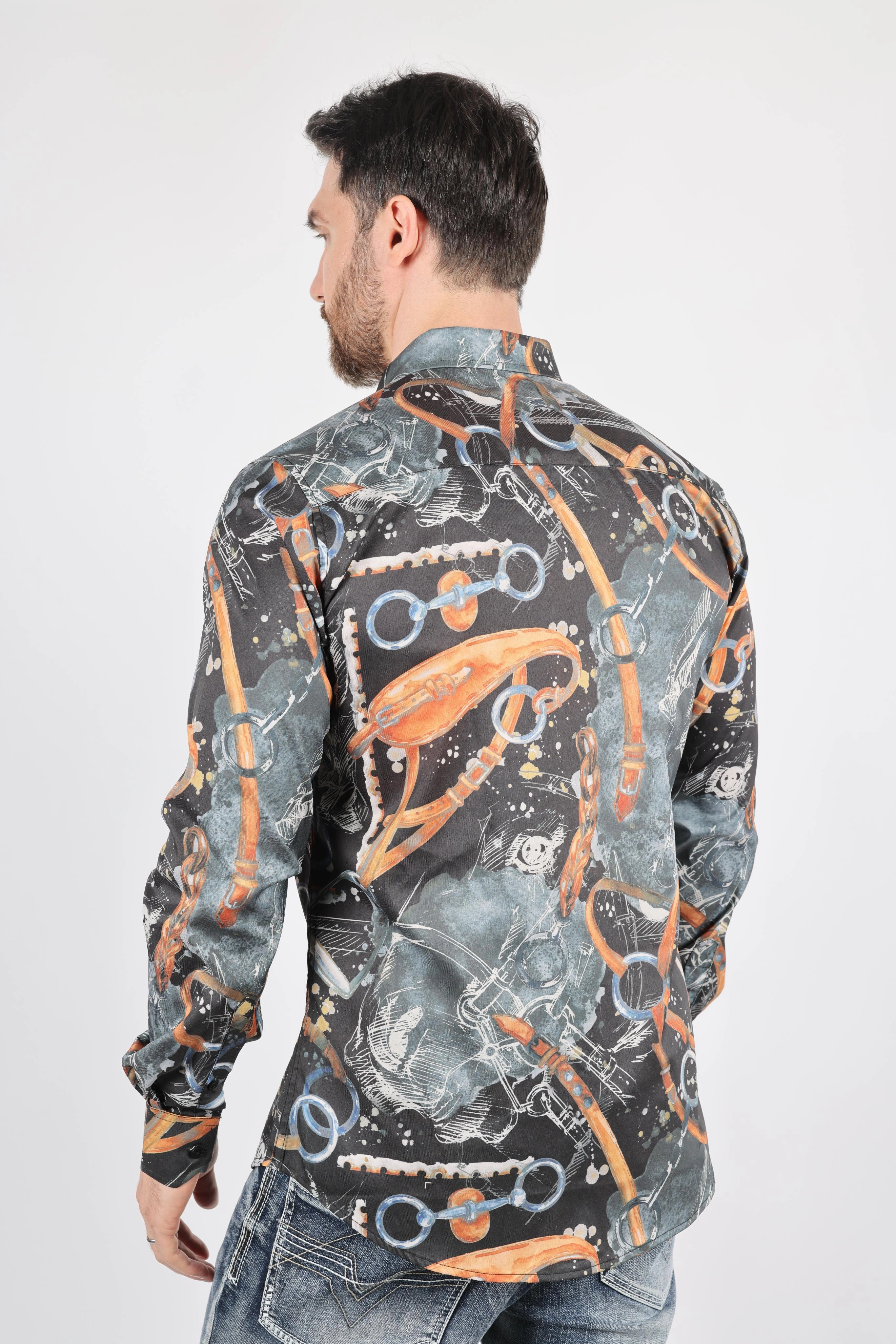 Camouflage Print Striped style Mens Long Sleeve Modern Fit Stretch Wild Horses Print Shirt