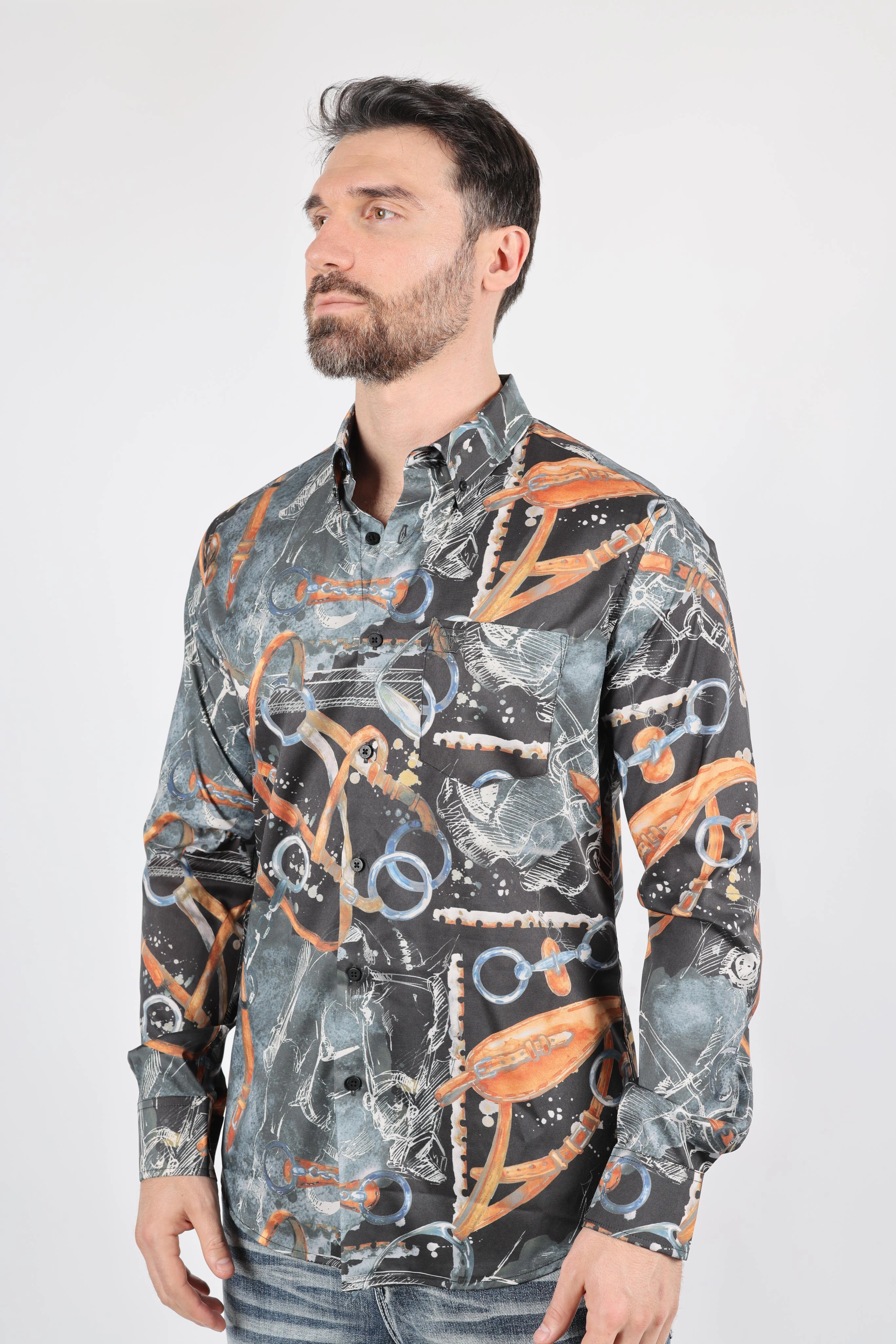 Casual Hangout Premium Quality Mens Long Sleeve Modern Fit Stretch Wild Horses Print Shirt