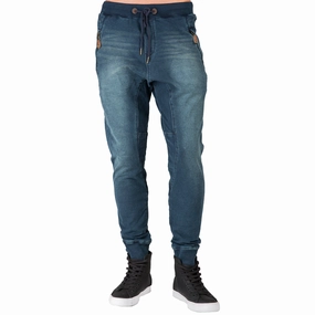 Drop Crotch Premium Knit Denim Jogger Jeans Whisker Zipper Pockets Suede Mood Compression Fit