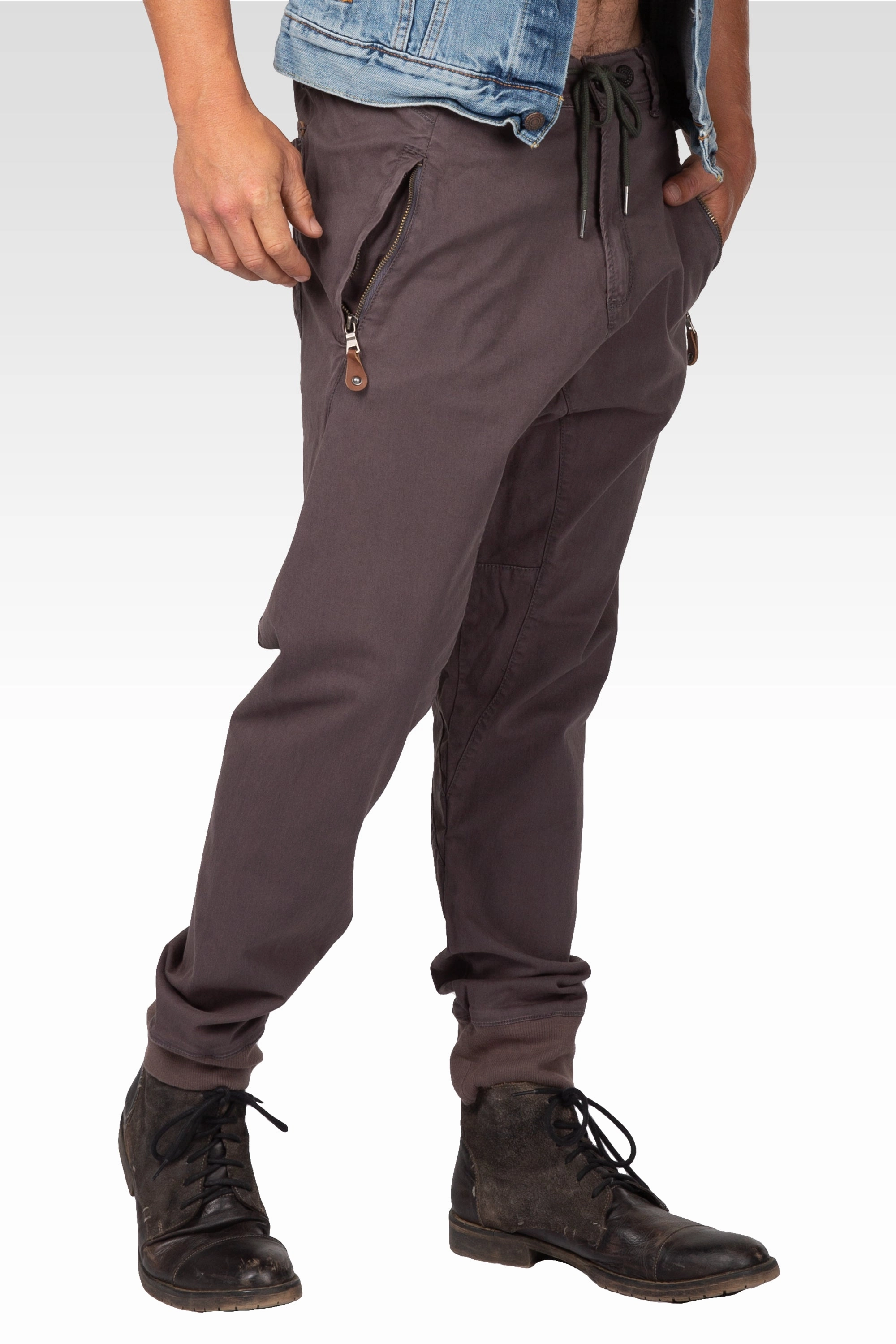 NonRestrictiveCut Drop Crotch Premium Washed Charcoal Stretch Twill Jogger Pants With Zipper Pockets