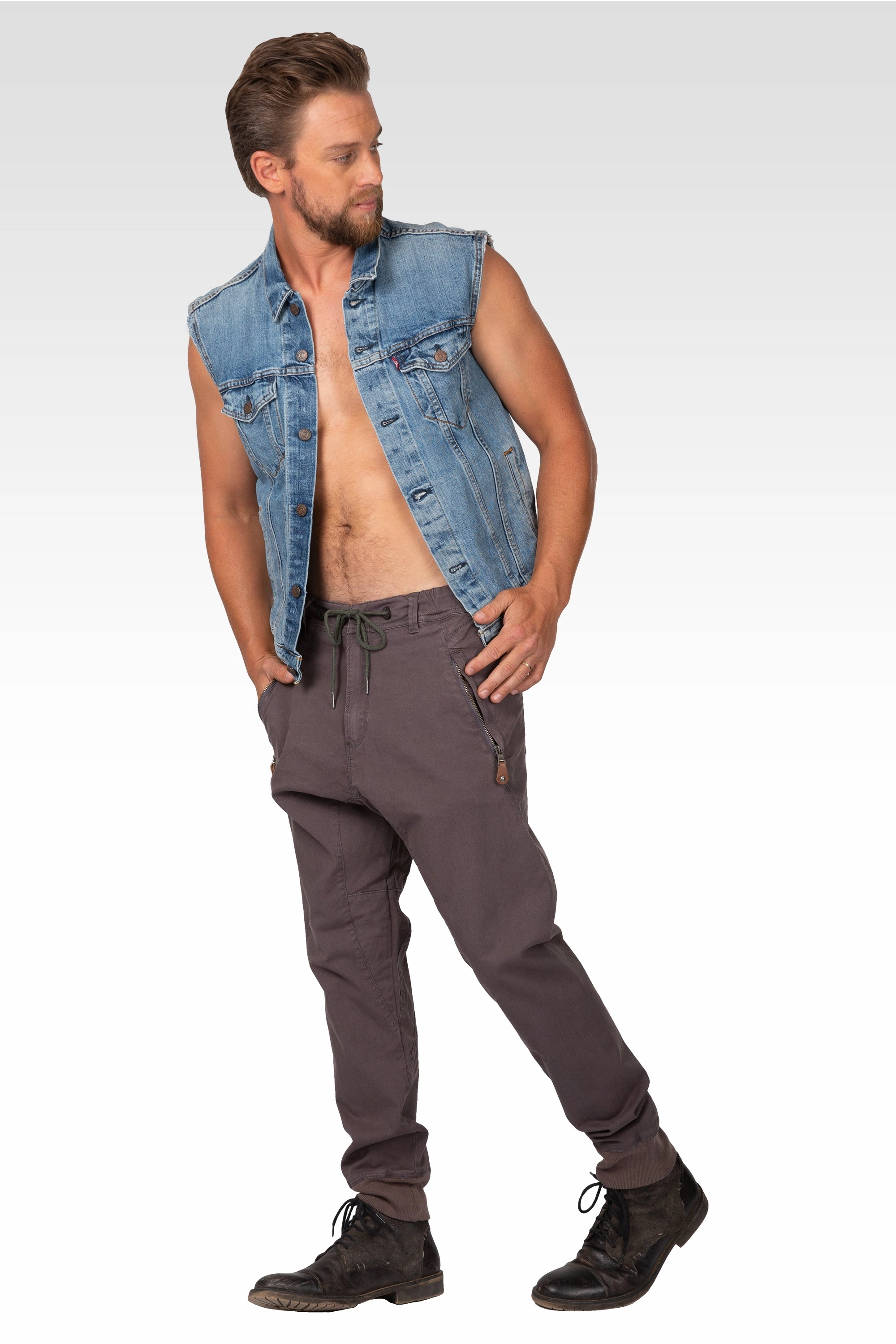 Drop Crotch Premium Washed Charcoal Stretch Twill Jogger Pants With Zipper Pockets Plane Mood Vegan Mood