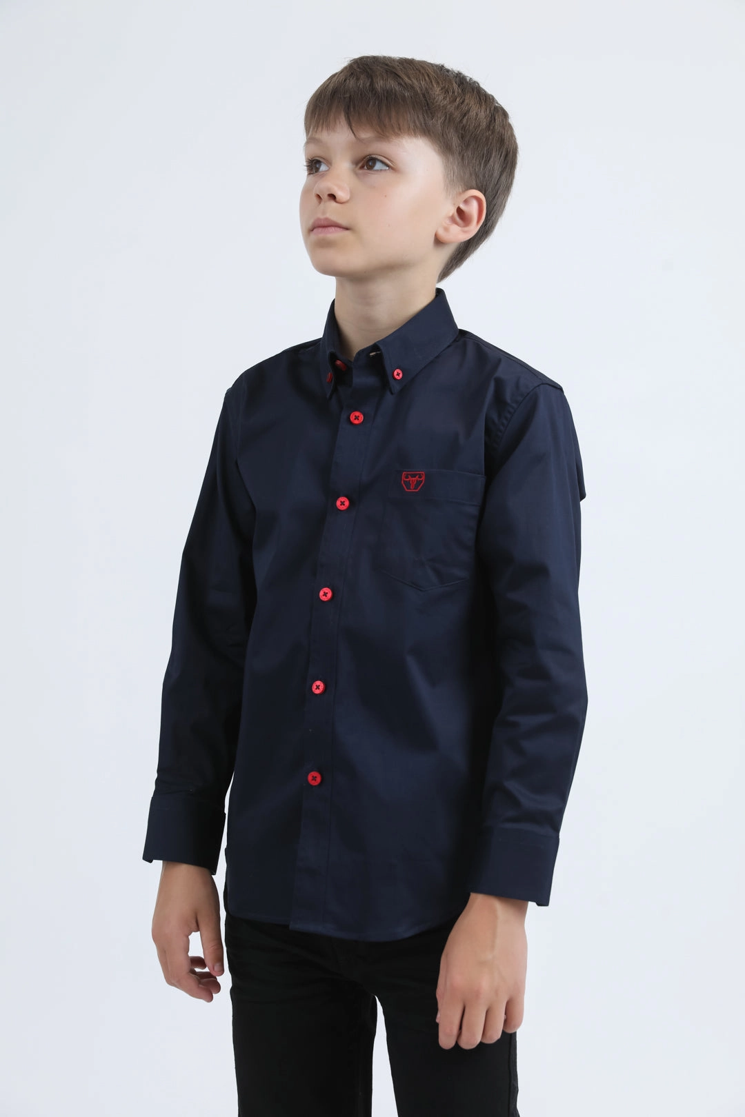 Kid??s Single Pocket Logo Modern Fit Stretch Navy Dress Shirt Simple Style Cozy Wear