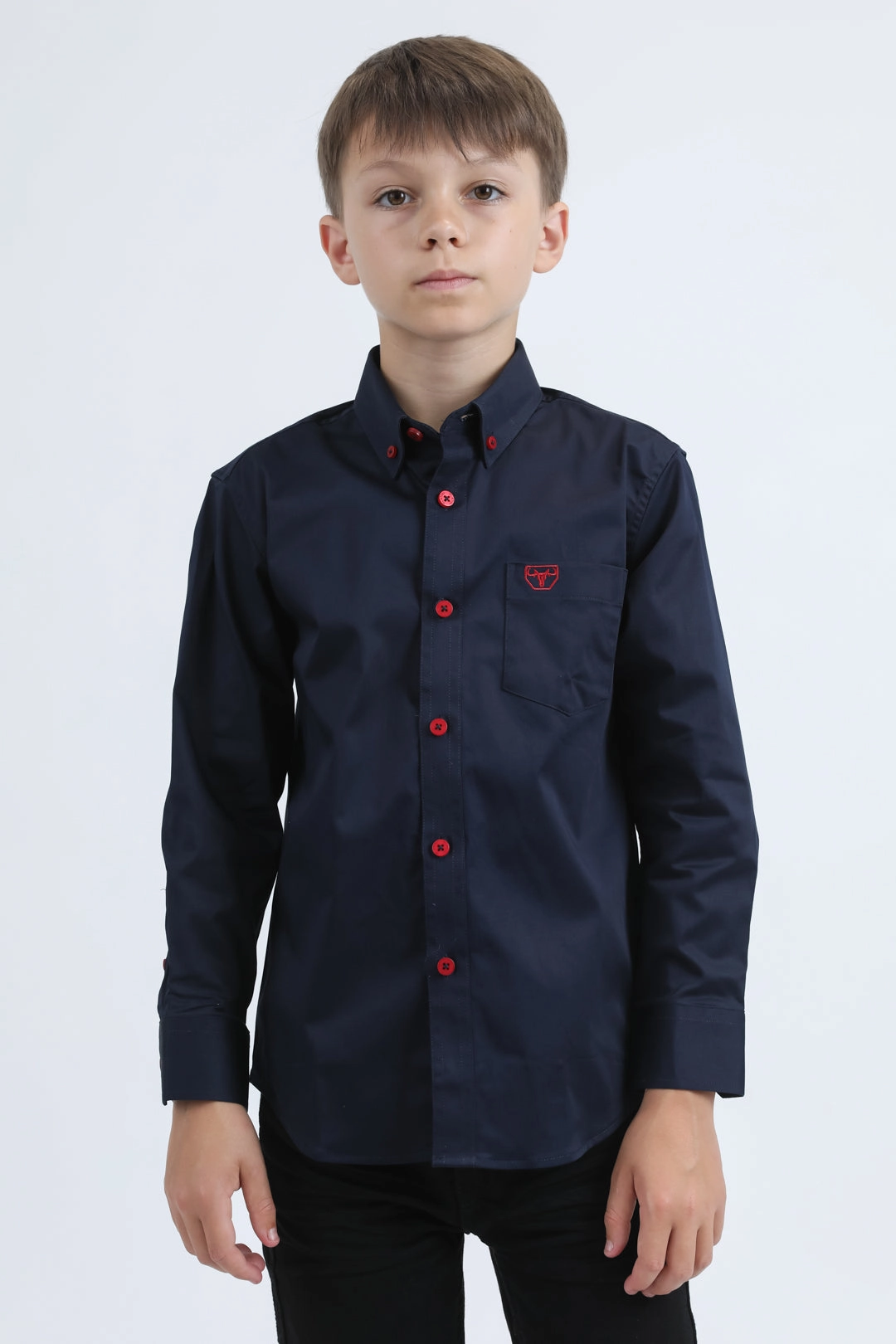 Layered Sleeve Cuffs Kid??s Single Pocket Logo Modern Fit Stretch Navy Dress Shirt