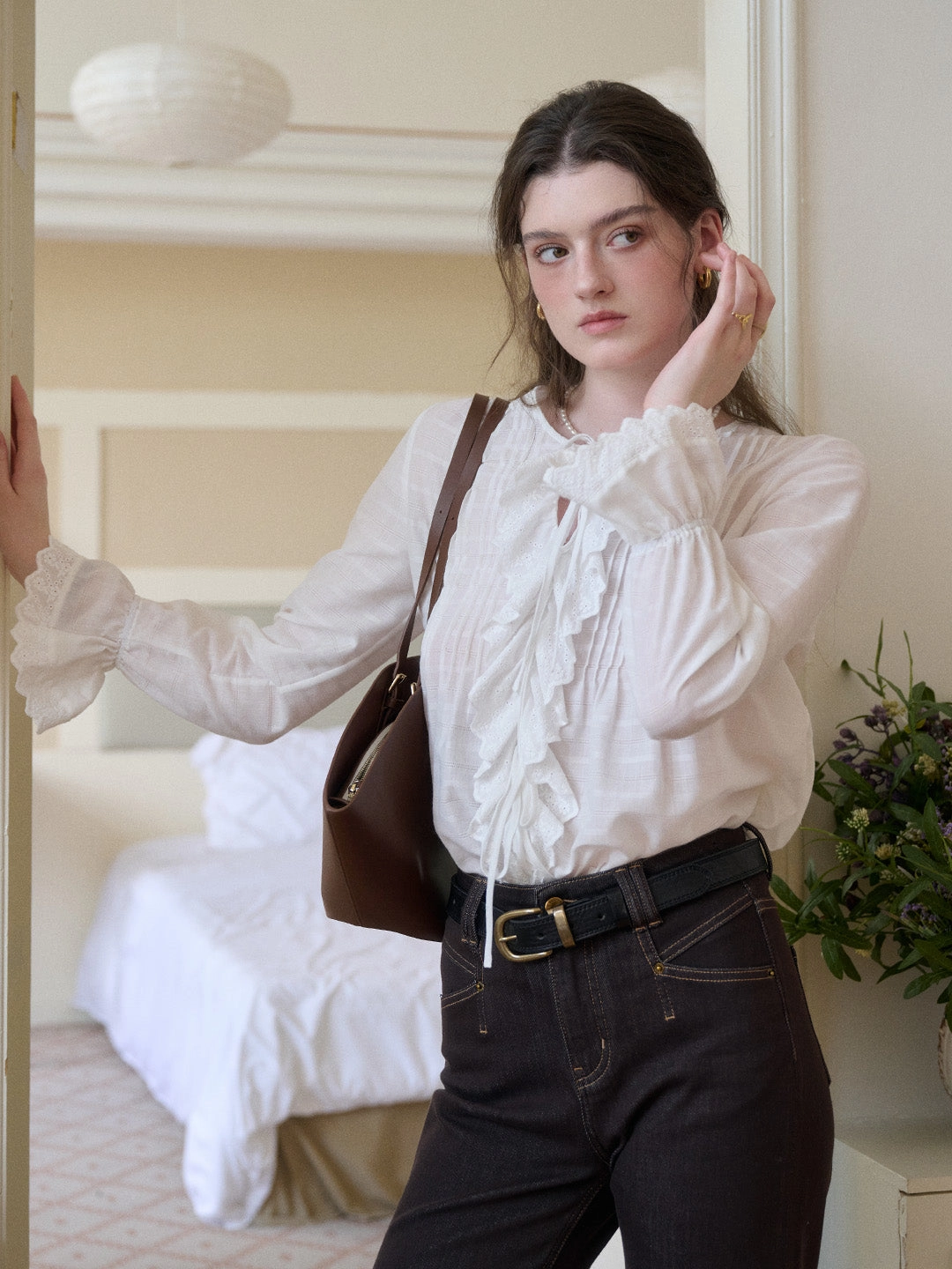 Jayla Round Neck Pleats Trumpet Sleeve Blouse Parisian Chic