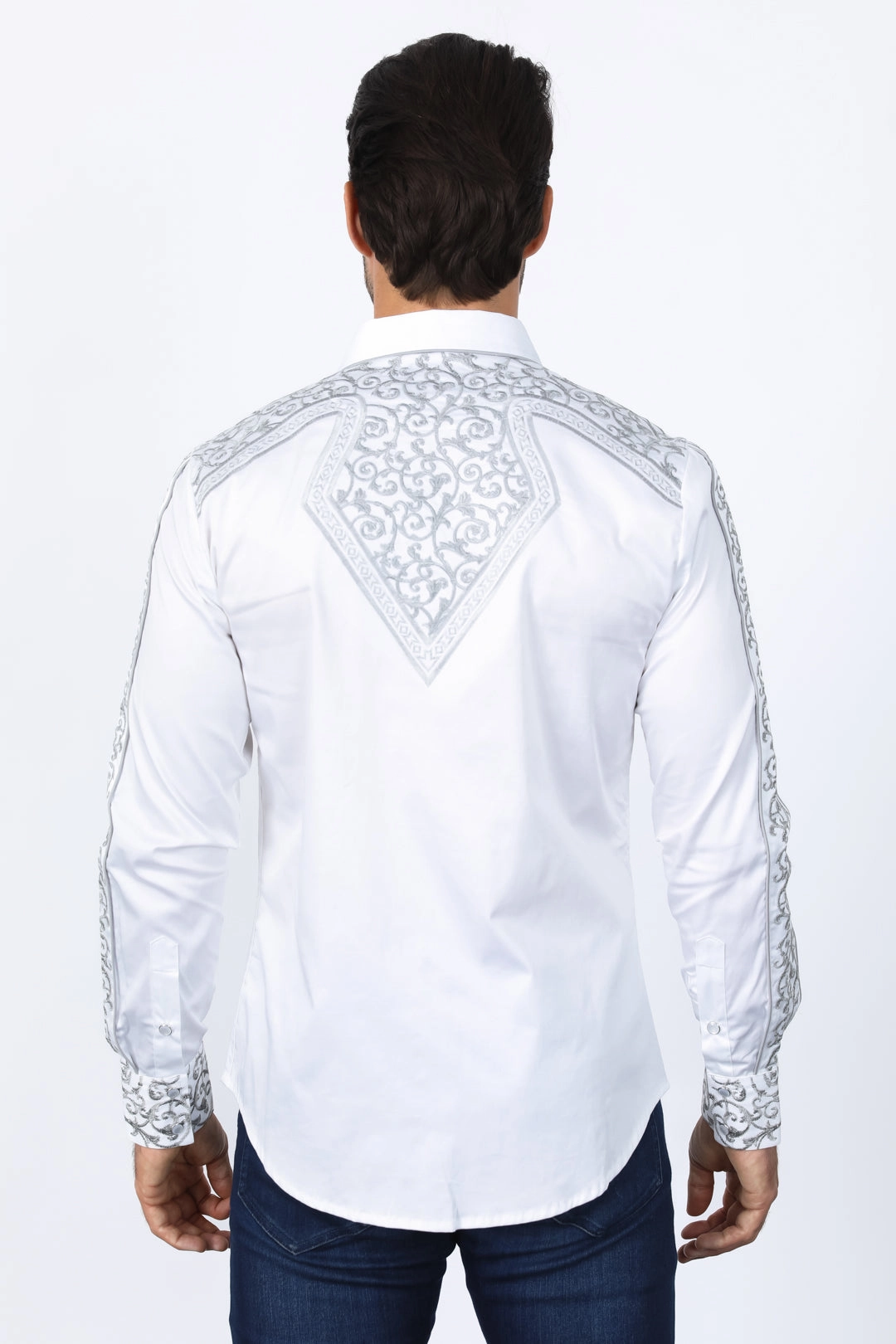 Premium Pima Cotton Polished Style Mens Embroidery Modern Fit Stretch White Long Sleeve Shirt