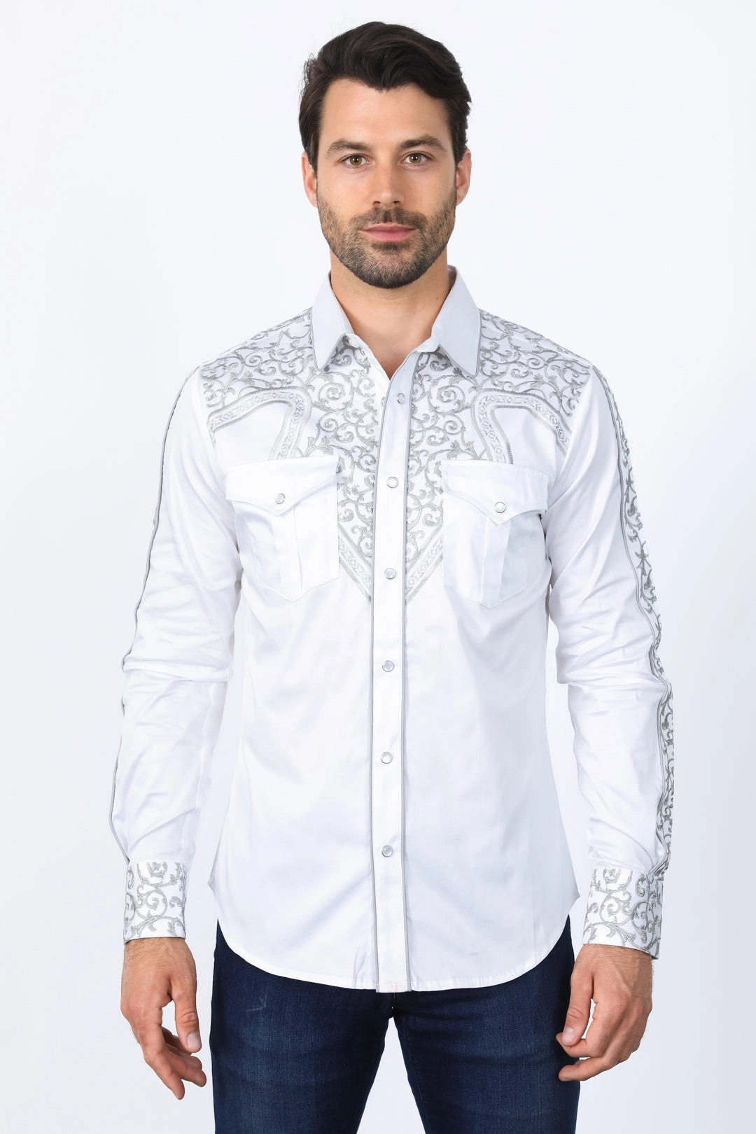 Adjustable Hem Mens Embroidery Modern Fit Stretch White Long Sleeve Shirt