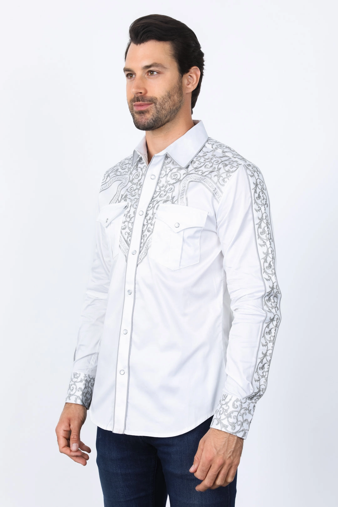 Monochrome Palette Mens Embroidery Modern Fit Stretch White Long Sleeve Shirt