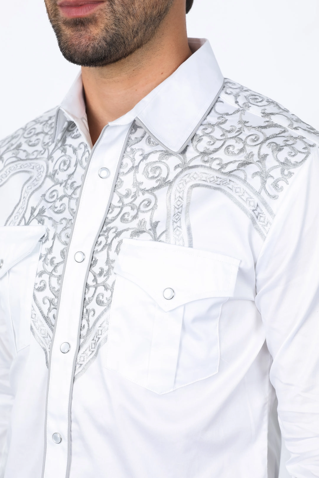 Mens Embroidery Modern Fit Stretch White Long Sleeve Shirt All-Day Wear