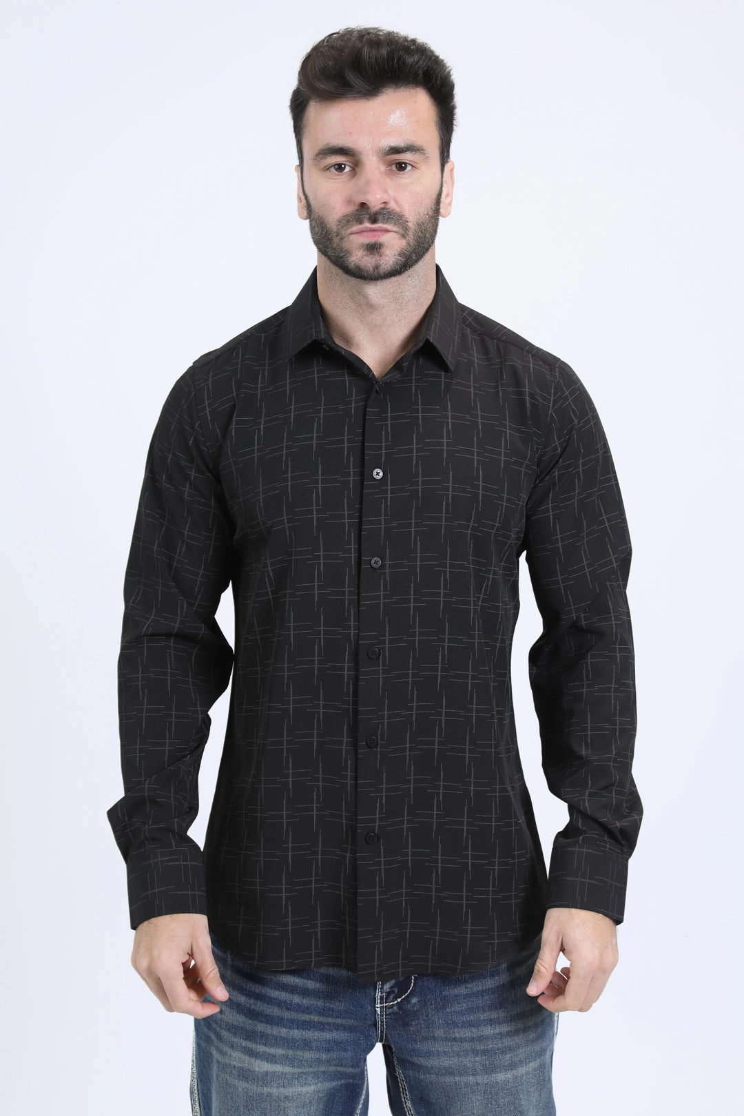 Mens Modern Fit Stretch Foil Fashion Black Shirt Wrinkle Resistant Material Holiday Style