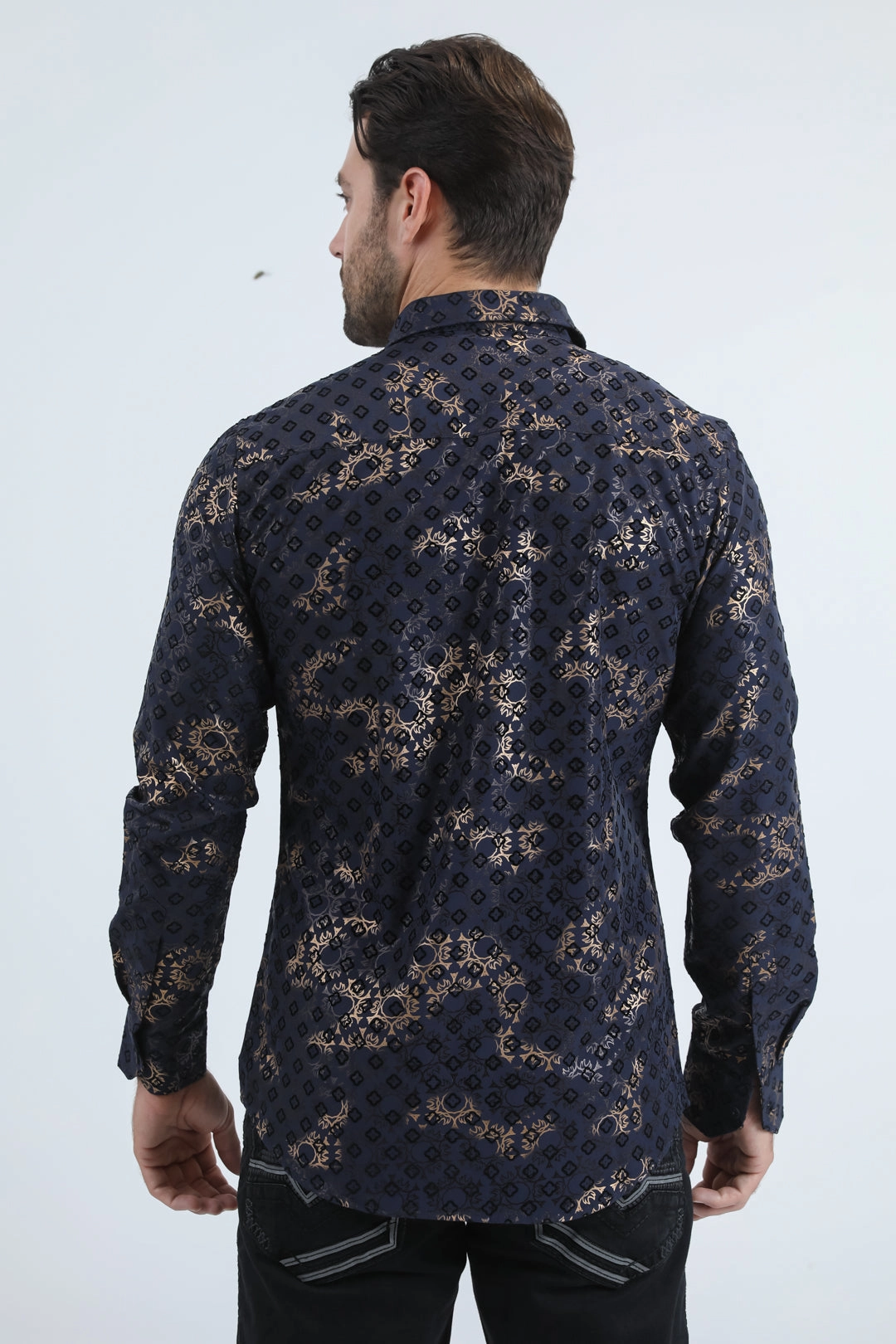 Men's Flocked Modern Fit Spandex Navy Shirt Affordable Luxury