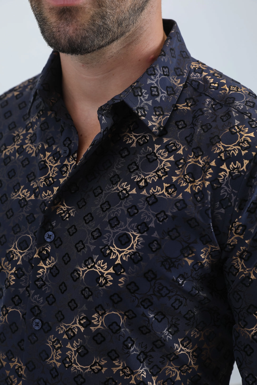 Chic Option Men's Flocked Modern Fit Spandex Navy Shirt