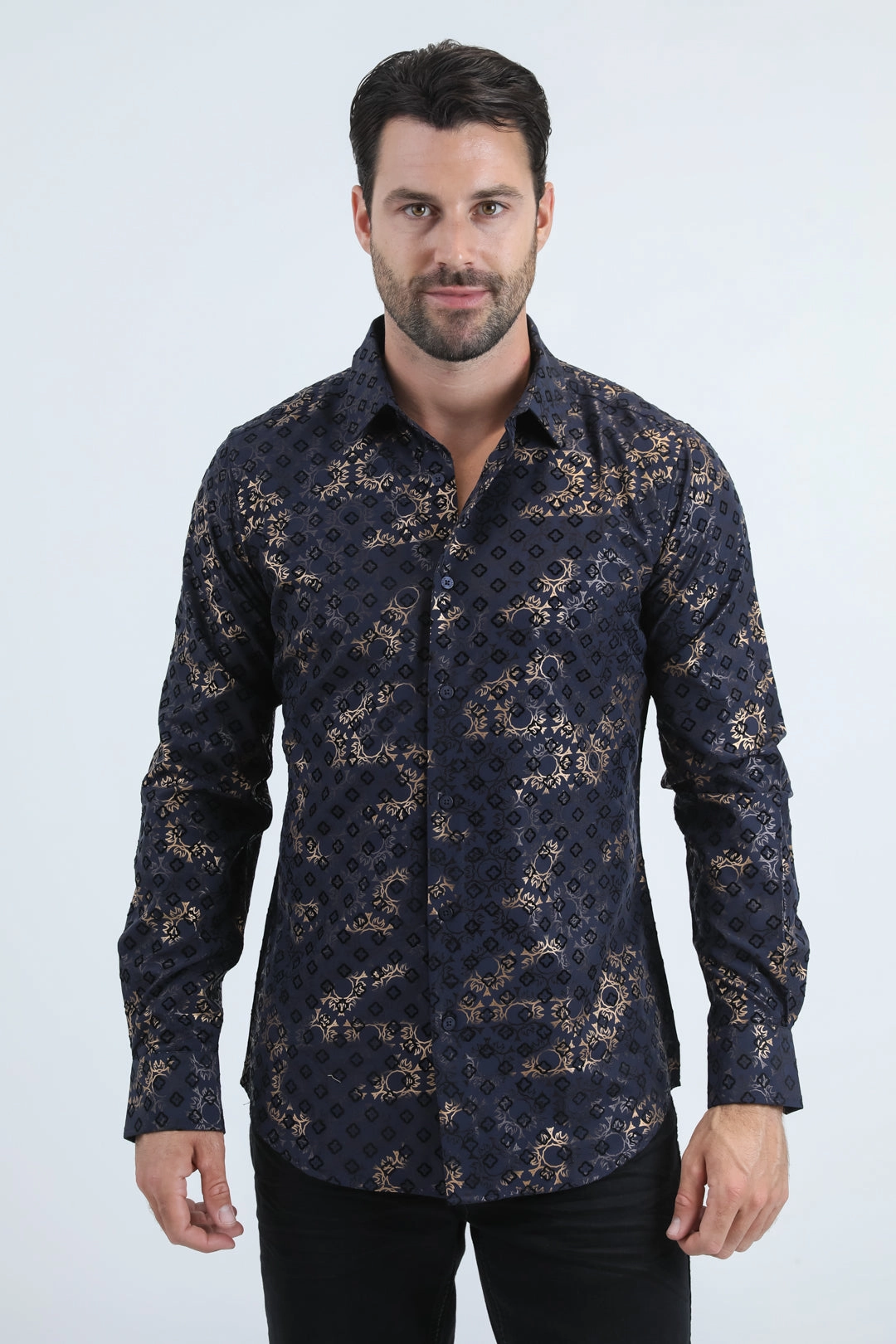 Men's Flocked Modern Fit Spandex Navy Shirt Bold Hue ethical fashion