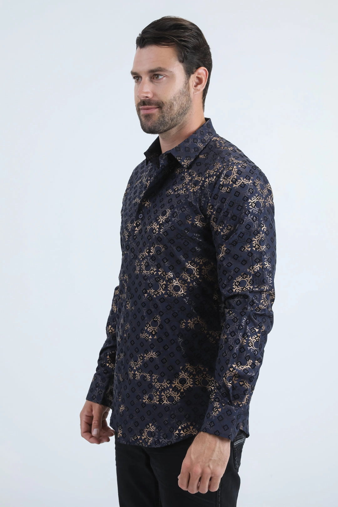 tailored look Practical Choice Men's Flocked Modern Fit Spandex Navy Shirt