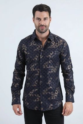 Men's Flocked Modern Fit Spandex Navy Shirt Bold Hue ethical fashion