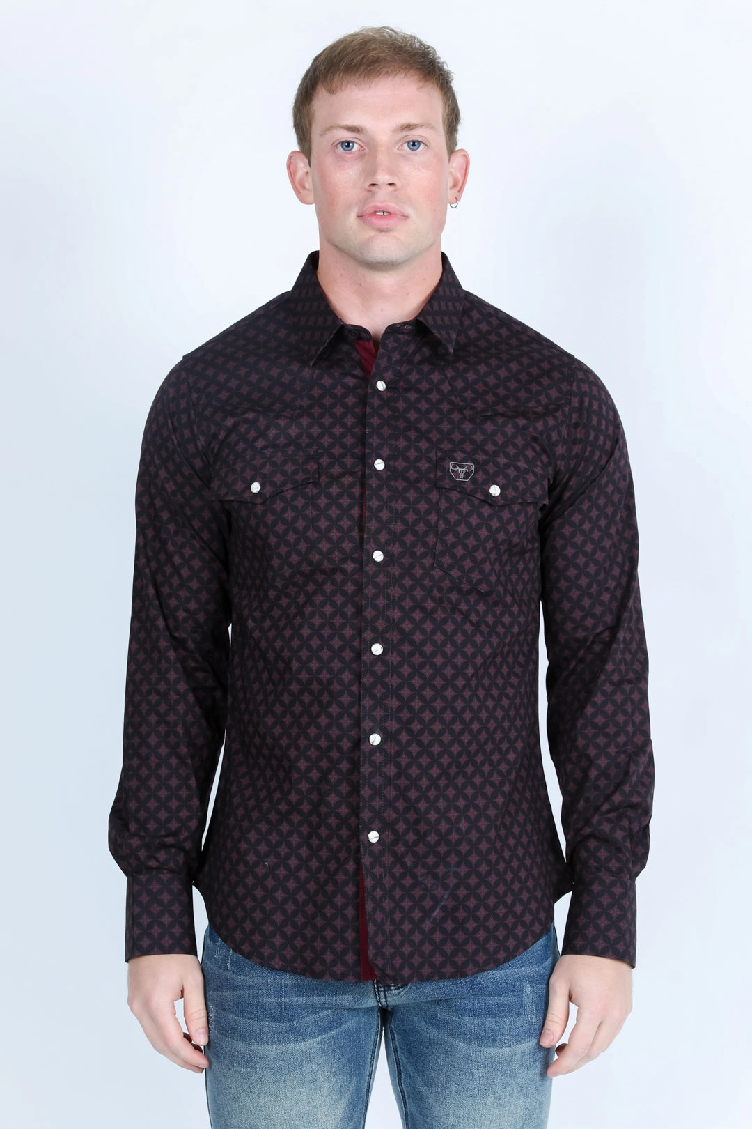 Layered Look Mens Western Modern Fit Cotton/Spandex Long Sleeve Shirt with Snaps - Black