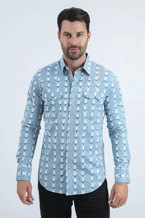 Asymmetrical Cut Tailored Cuffs Mens Western Modern Fit Cotton/Spandex Long Sleeve White Shirt with Snaps