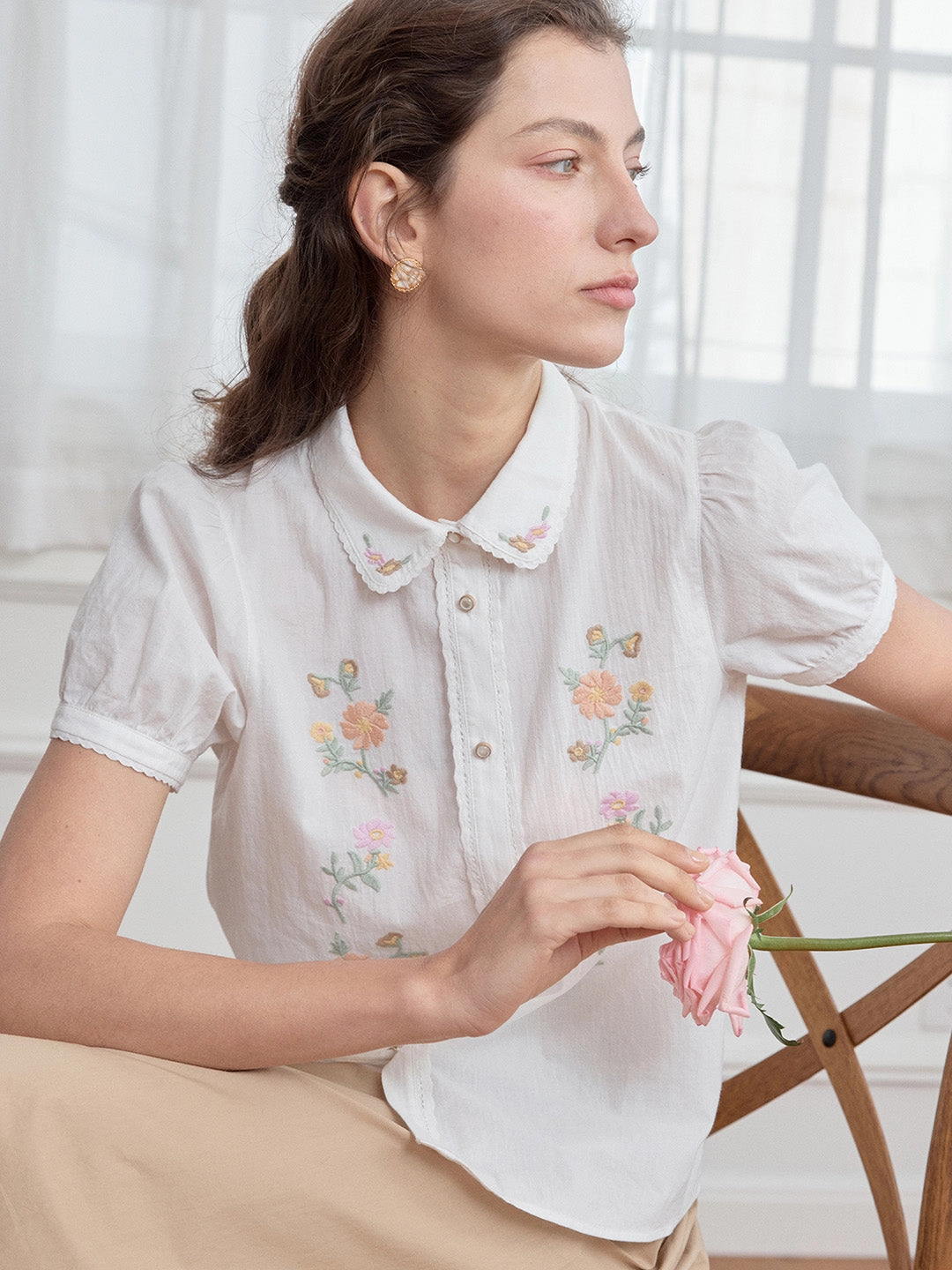 ??Final Sale??Penelope Peter Pan Collar Embroidery 100% Cotton Blouse DoubleLayeredEdging Elite Core