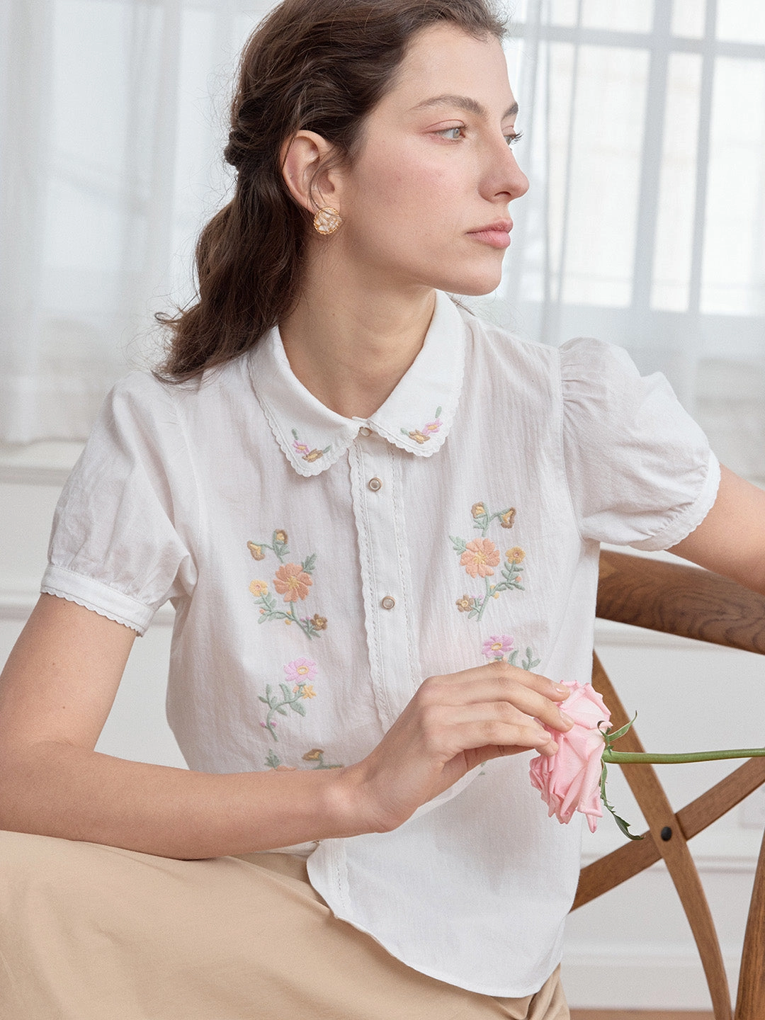 Essential Shirt Movement Friendly ??Final Sale??Penelope Peter Pan Collar Embroidery 100% Cotton Blouse