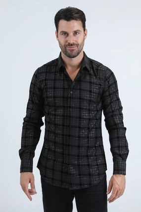 Men's Flocked Modern Fit Spandex Black/Black Shirt Urban Style