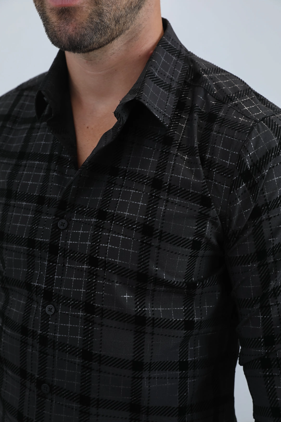 Minimalist Closure Men's Flocked Modern Fit Spandex Black/Black Shirt