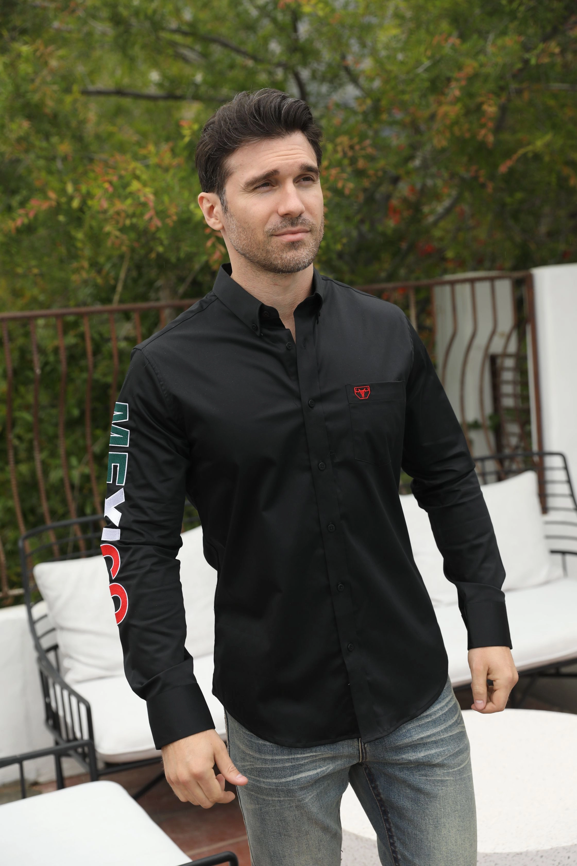 Men??s Single Pocket Logo Modern Fit Stretch Mexico Dress Shirt - Black Rugged Style Modern Fit