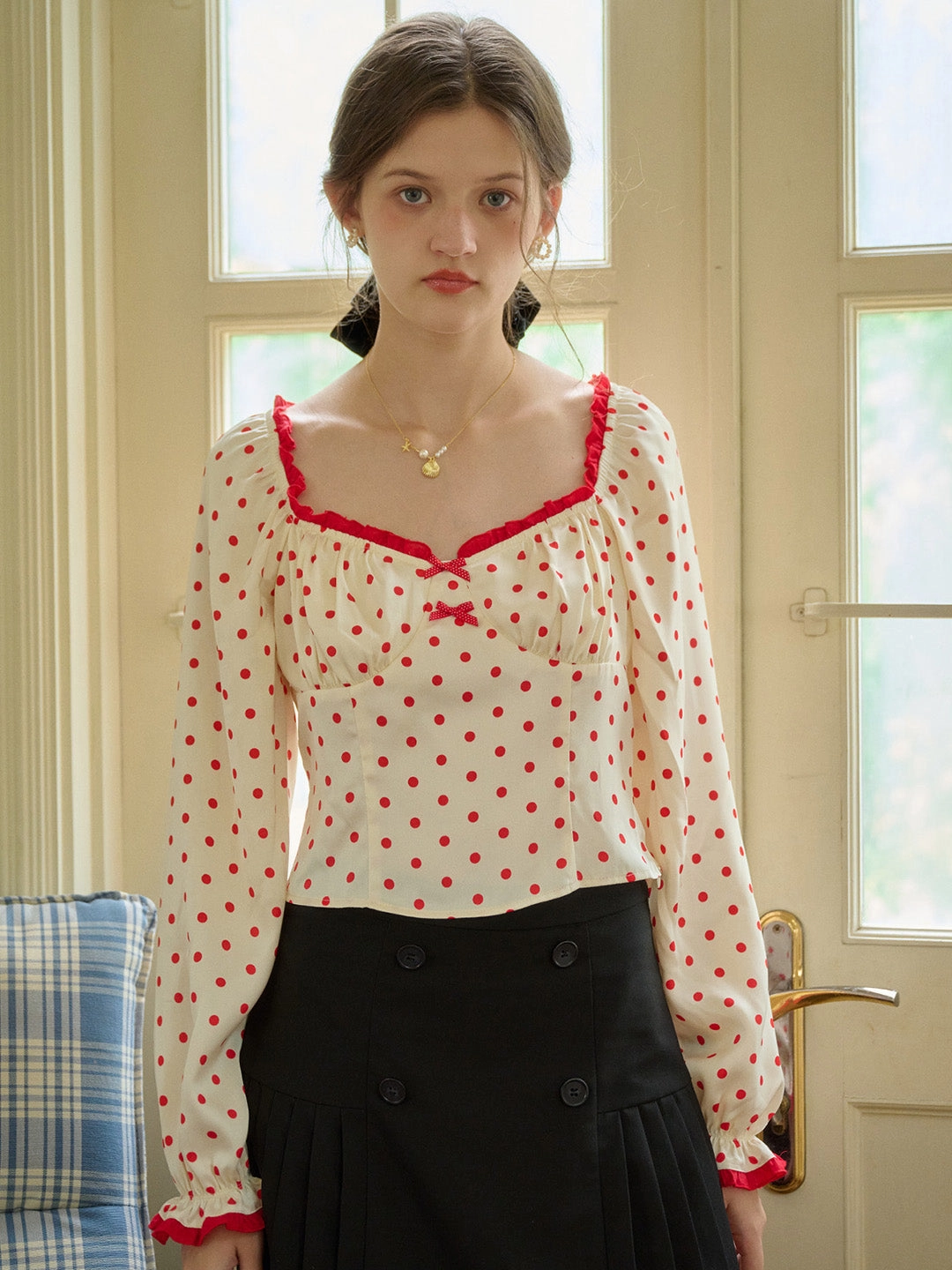 Bright Color Open Glow ??Final Sale??Ashlynn Square Collar Contrasting Polka Dots Bow Blouse